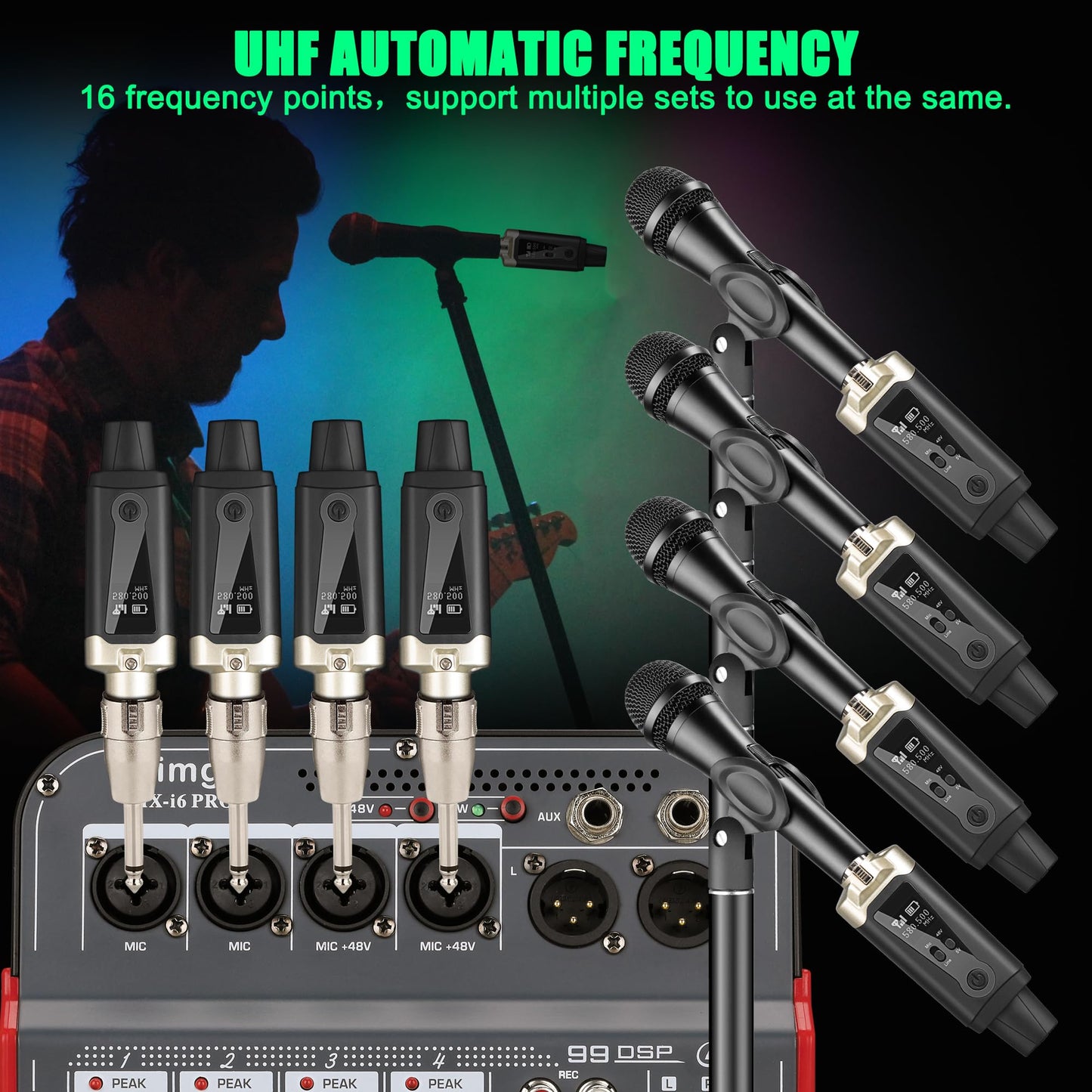 UHF Wireless XLR Transmitter and Receiver with 48V Phantom Power,Rechargeable Mic Adapter 16 Channels 196ft Range for Dynamic/Condenser