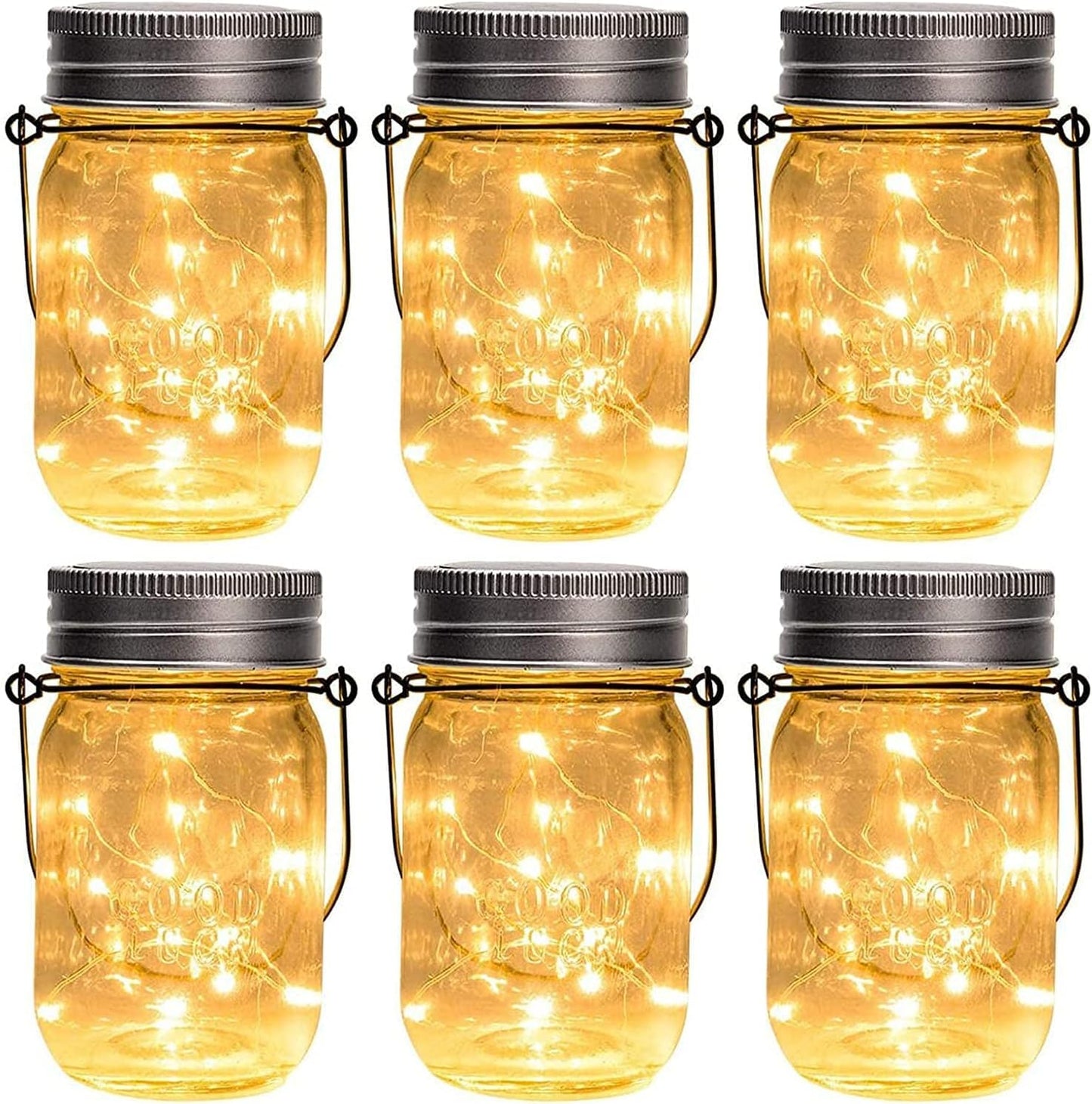 GIGALUMI Hanging Mason Jar Solar Lights, 6 Pack 30 Led Hanging Solar Lanterns Outdoor Waterproof, Hangers and Jars Included, Outdoor Decor
