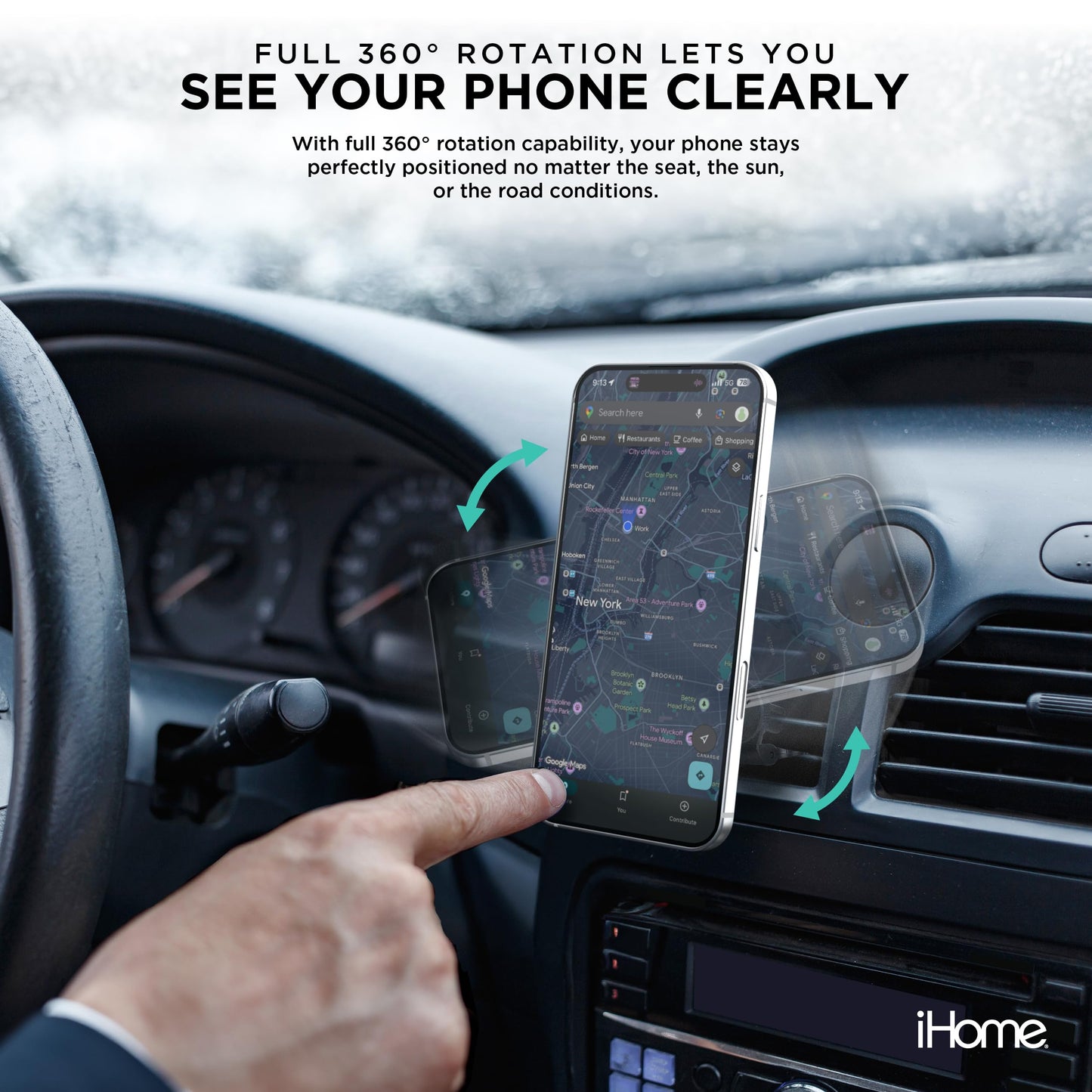 iHome Air Vent Clip Car Mount, 360° Rotation, Secure Fit, Adjustable Grip (Magnetic Air Vent)