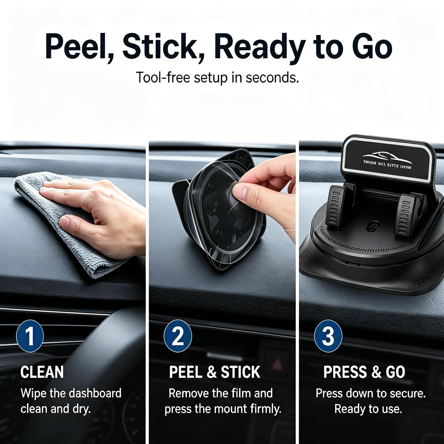 Longgue Dashboard Phone Holder with Adhesive Gel Pad, Anti-Slip Silicone Base & Spring Clip, 360° Rotation for Hands-Free Navigation, Compatible