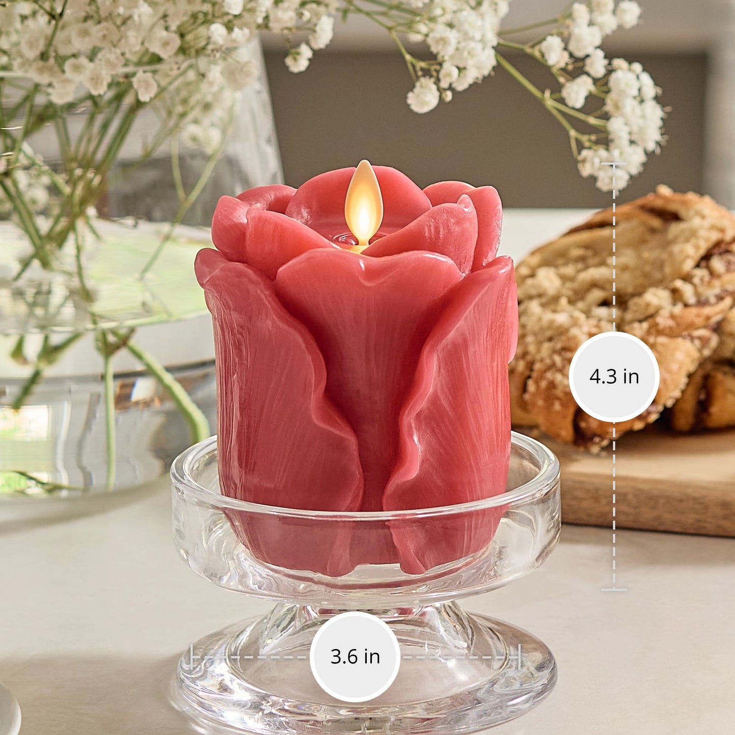 Luminara True Red Rose Flameless Candle - 3.6" x 4.3" Rosebud Pillar - Real Flame Technology w/Flickering LED Light - Perfect for Mother's Day