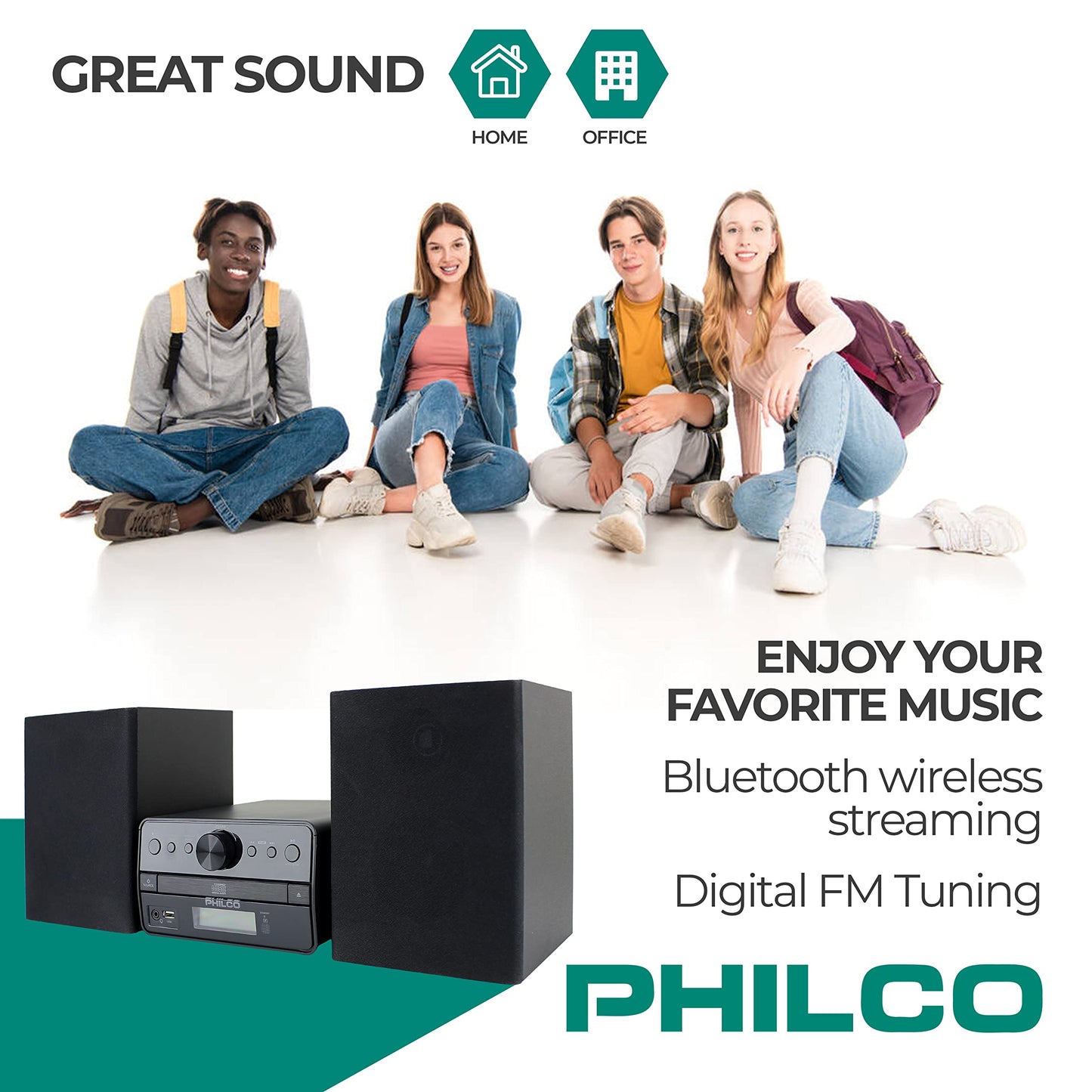 Philco Stereo Shelf Systems Tray Loading CD Player with Digital FM Radio, Bluetooth Streaming, Remote Control in Black | LCD Display | 3.5mm Headphone