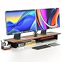 COREMINDED Solid Wood Dual Monitor Stand Riser - 43" Walnut Desk Shelf for 2 Monitors with Tray & Wool Felt, Organizer for Desktop, Laptop and Office