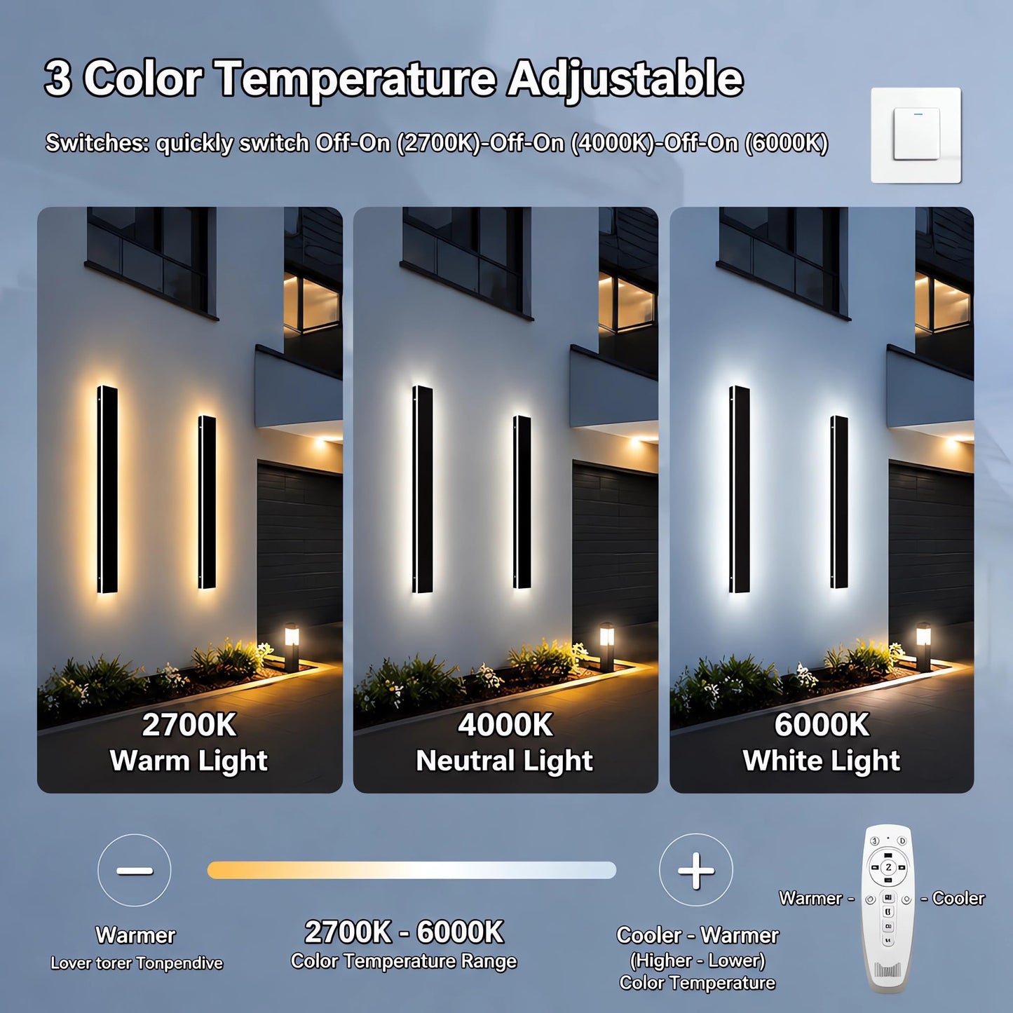 ENMLN 4.33in Wide Modern Outdoor Lights,24in 2PC Dimmable Waterproof Long Wall Sconce with Remote,Black Exterior Light Fixture Wall Mount for Front