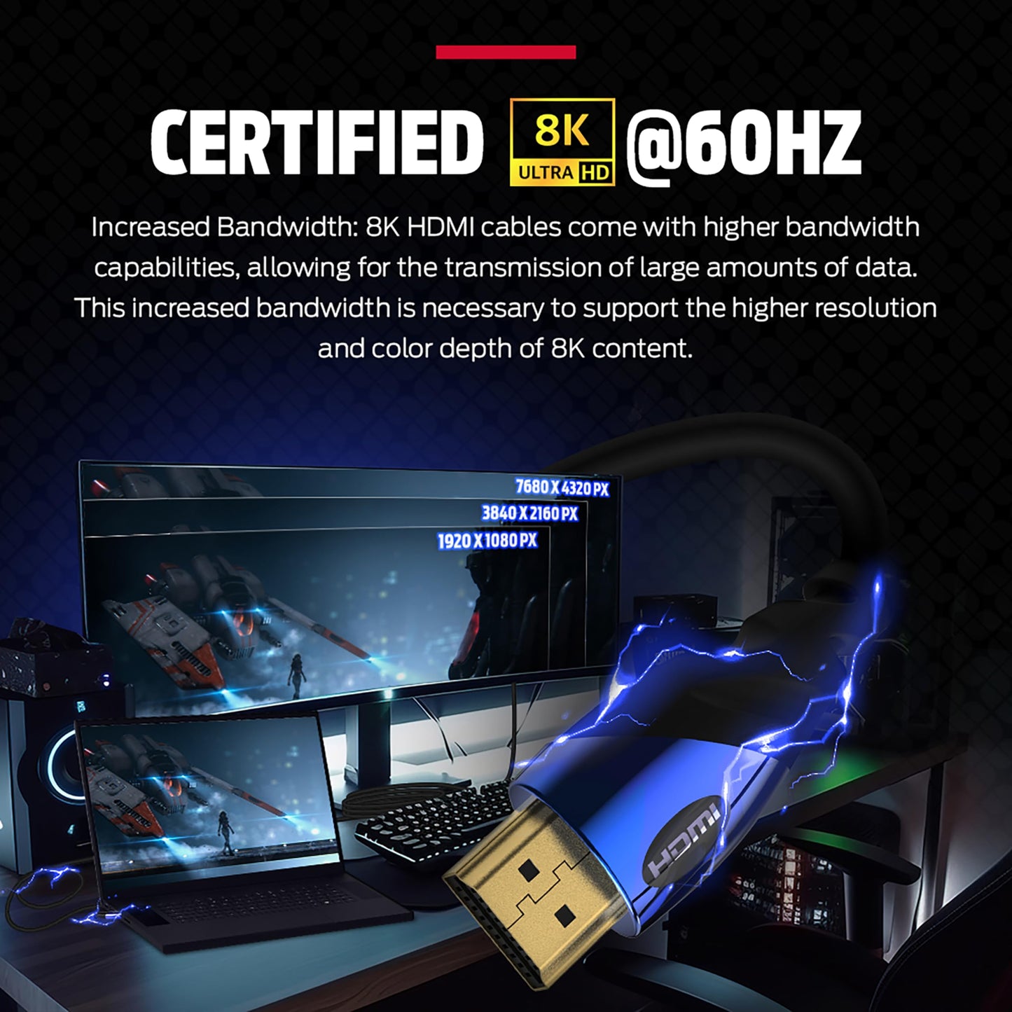 Monster 8K HDMI Cable - Xbox Series X & PlayStation 5 HDMI Cable w/ 24K Gold Contacts & V-Grip, 48 Gbps Speed, 60/120 Hz Refresh Rate, Dynamic HDR
