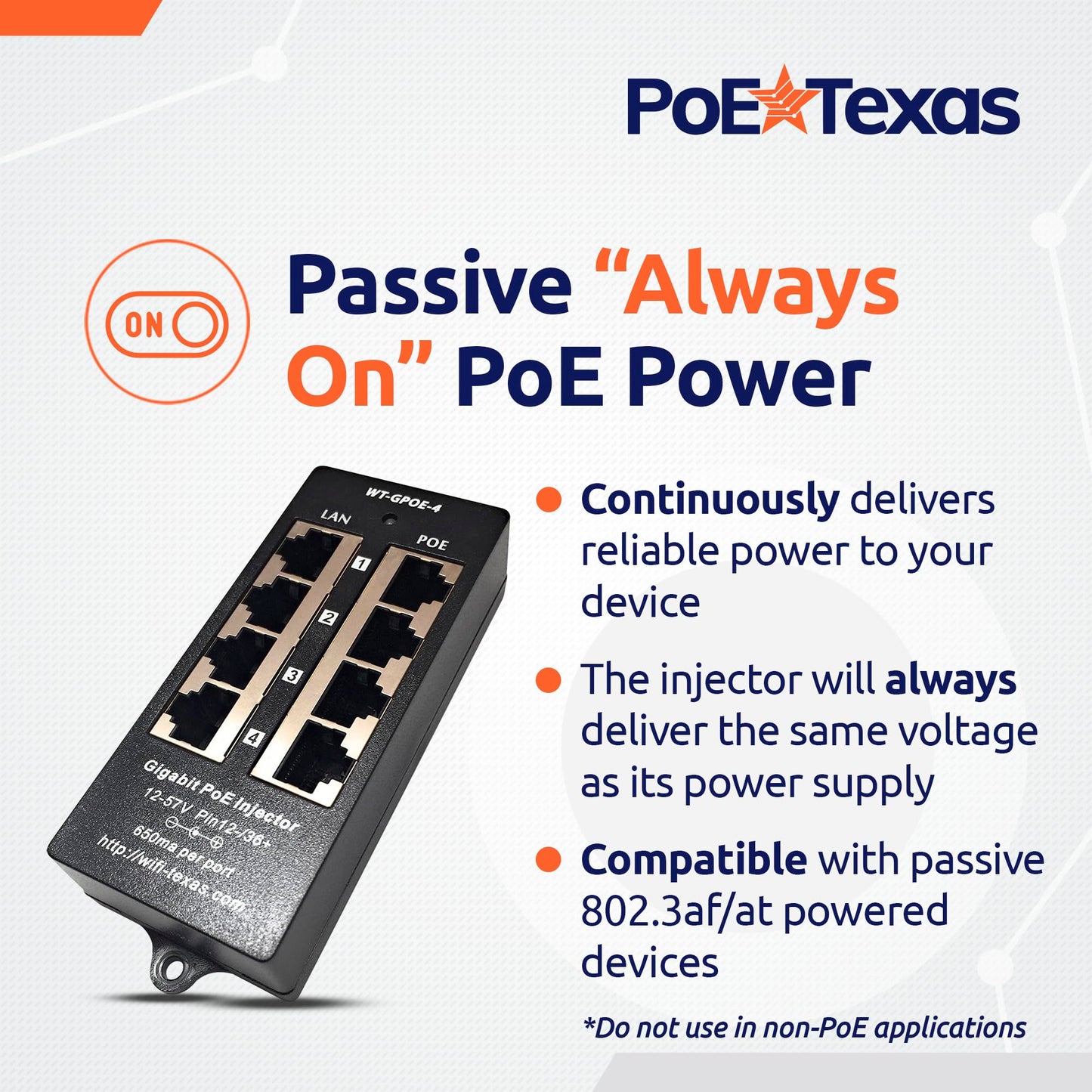 PoE Texas 4-Port Gigabit Passive PoE Injector, No Power Supply