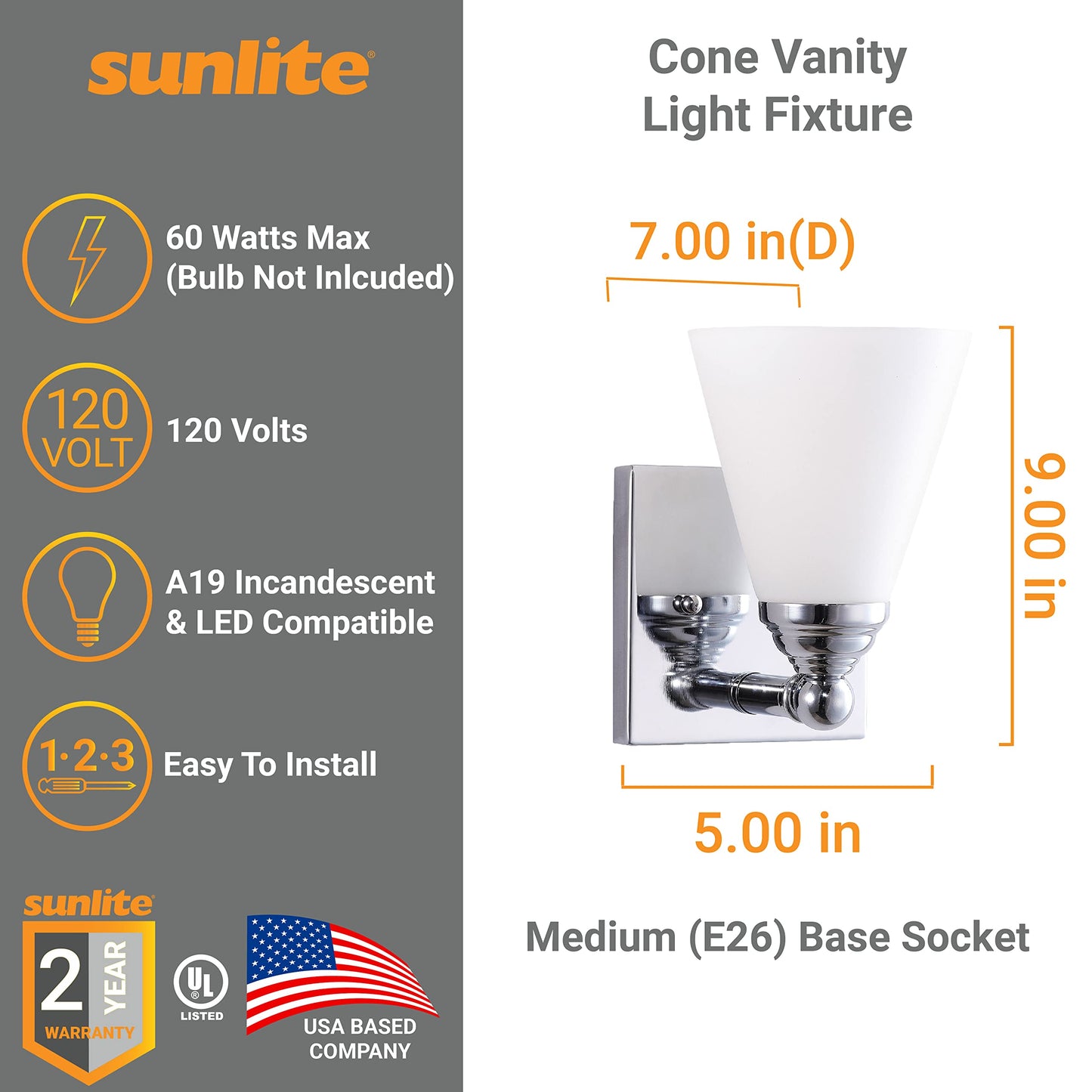Sunlite Cone Shade Vanity Light Fixture, Wall Mount, Medium (E26) Socket, Standard A19 Bulb Required (60W Max), Bathrooms, Powder Rooms, Frosted Glass