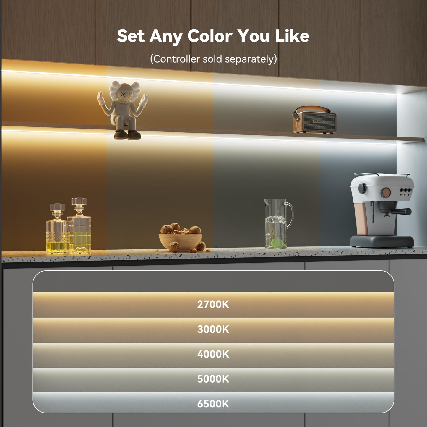 PAUTIX COB LED Strip Light CCT Tunable White IP65 Waterproof,CRI90+ 16.4ft/5m 2700K-6500K Dimmable 24V LED Tape Light,for Under Cabinet Bedroom