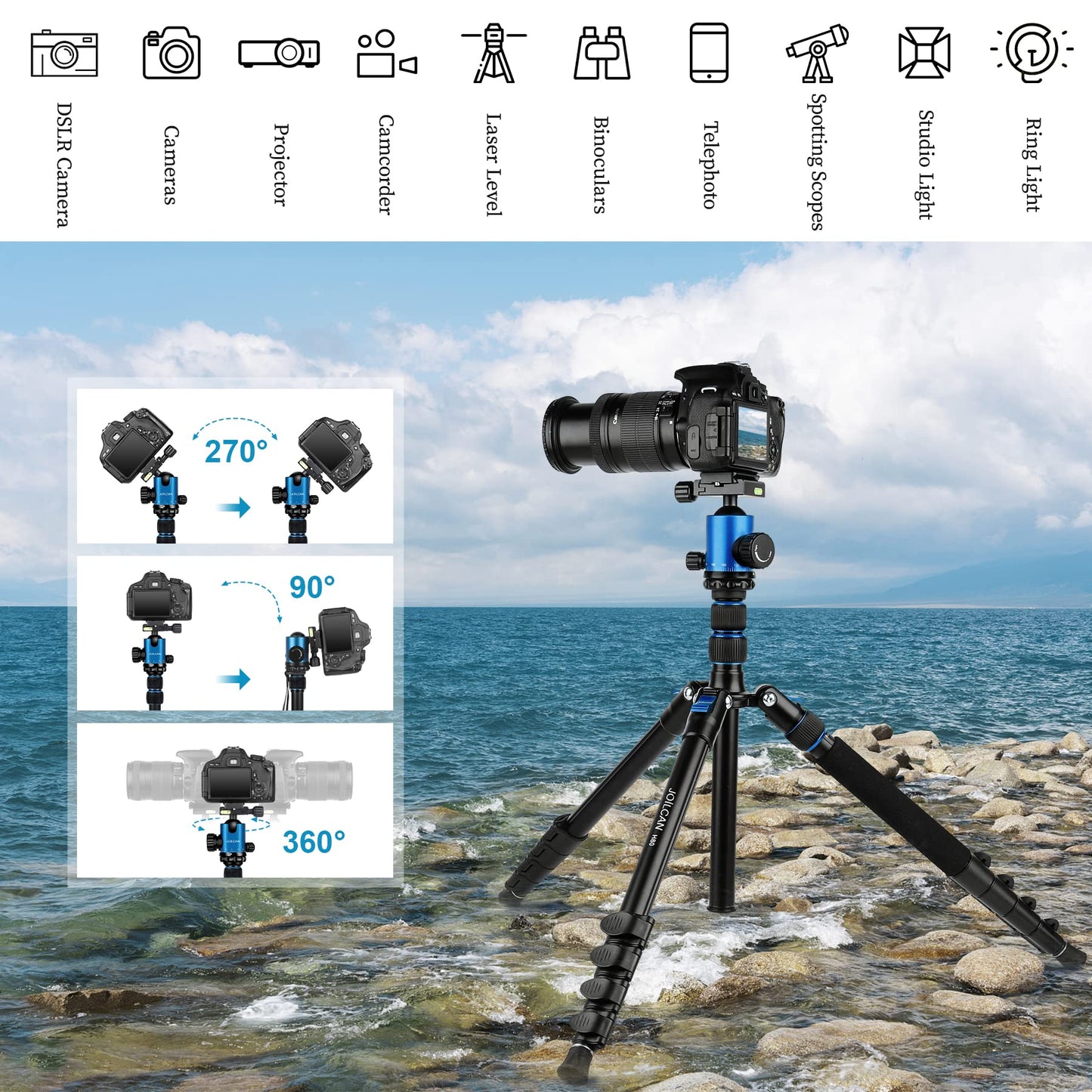 JOILCAN Tripod for Camera, 81" Aluminum Camera Tripod, 83" DSLR Tripods & Monopods, Heavy Duty Travel Tripod for Binoculars Spotting Scope Telescope
