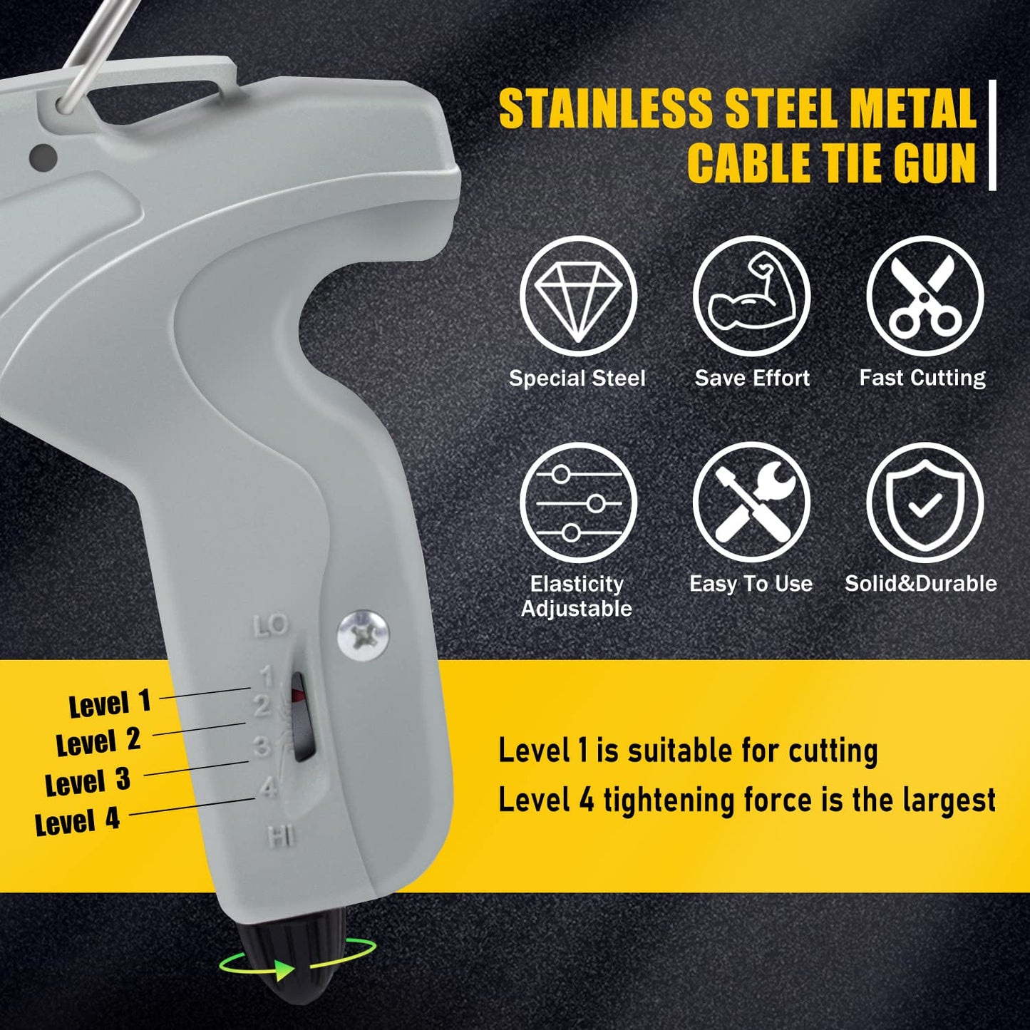 Delgada Metal Cable Tie Gun for Stainless Steel Ties, Professional Automatic Tightening Cutting Ratchet Tie Clamp,4-level Adjustable Fastening Tie