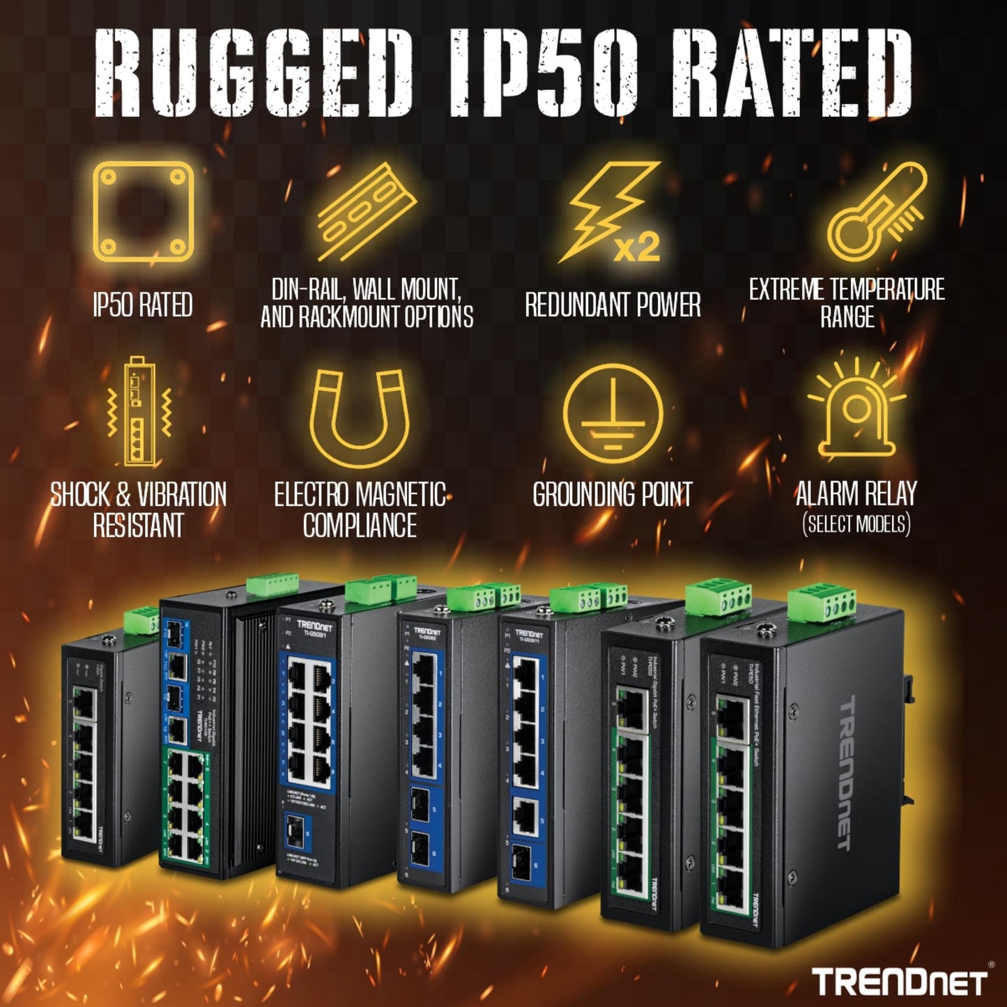 TRENDnet 7-Port Industrial Gigabit PoE+ DIN-Rail Switch, TI-PG62, 120W PoE Power Budget, 14Gbps, IP50 Rated, NDAA & TAA Compliant, Ethernet Splitter