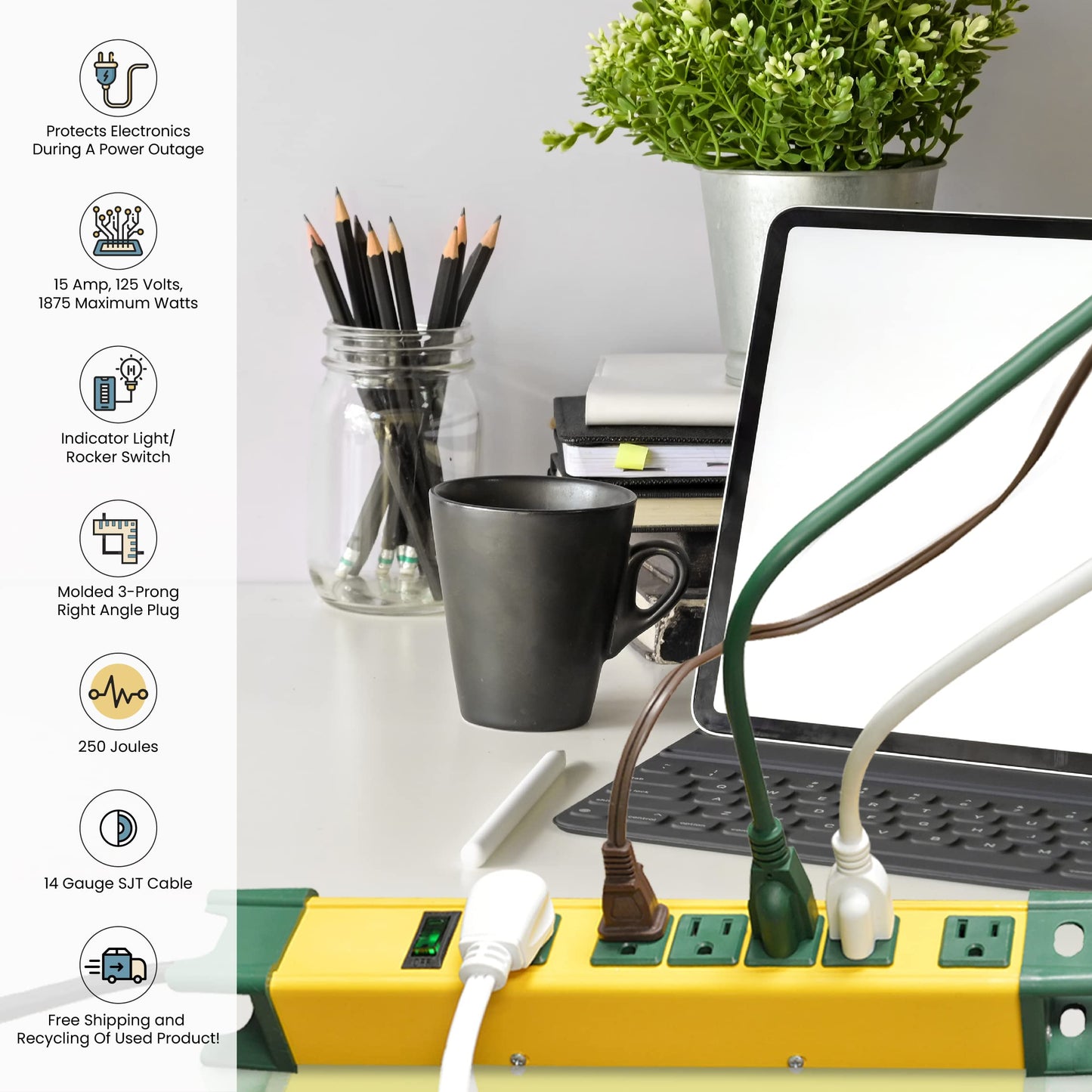 GoGreen Power (GG-26114) 6 Outlet Metal Surge Protector, 250 Joules, Yellow/Green, 6 ft Cord