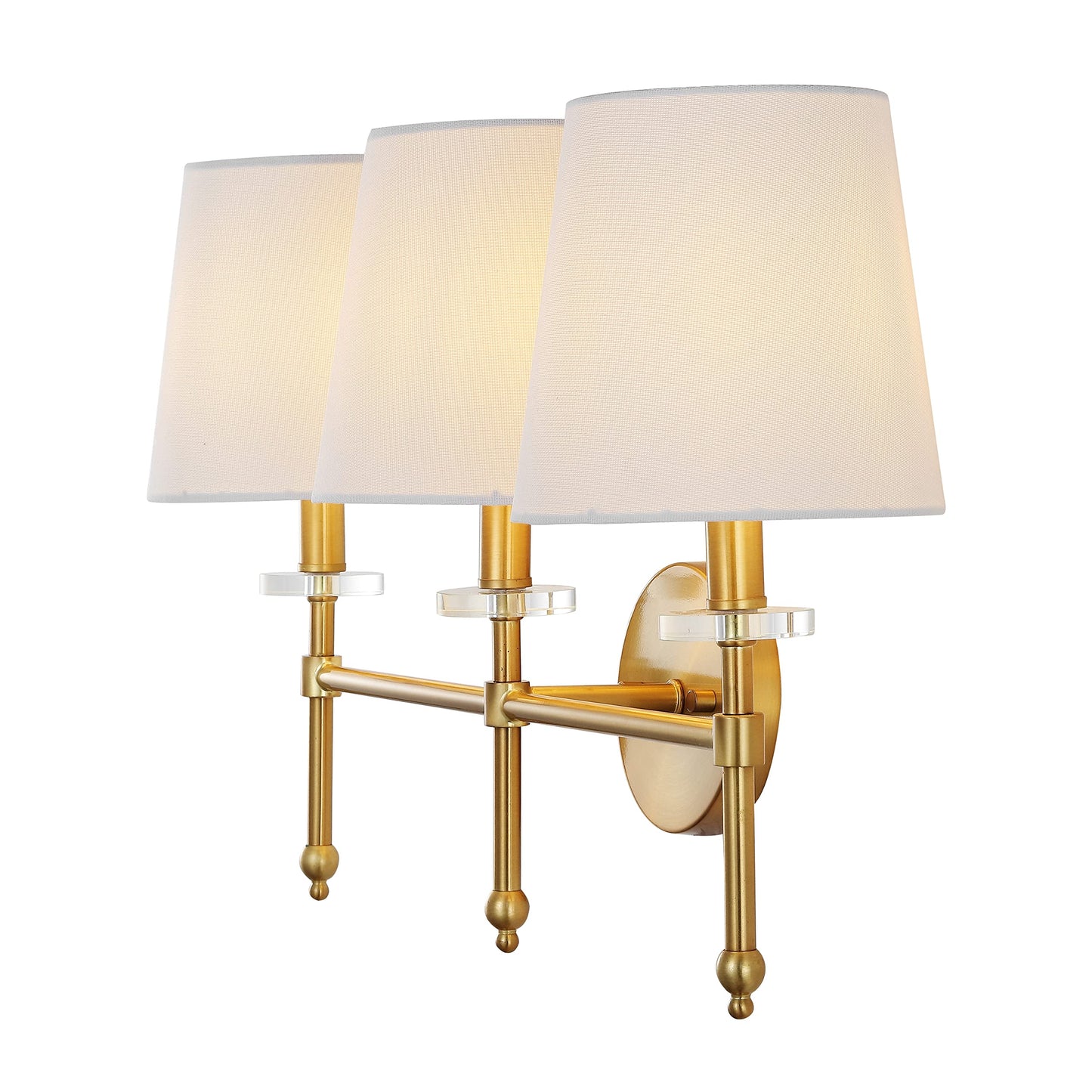 JONATHAN Y 23" Brass Gold Modern LED Wall Sconce, Midcentury Vanity Light for Bathroom Bedroom Hallway Decor, Iron Fixture with White Linen Empire
