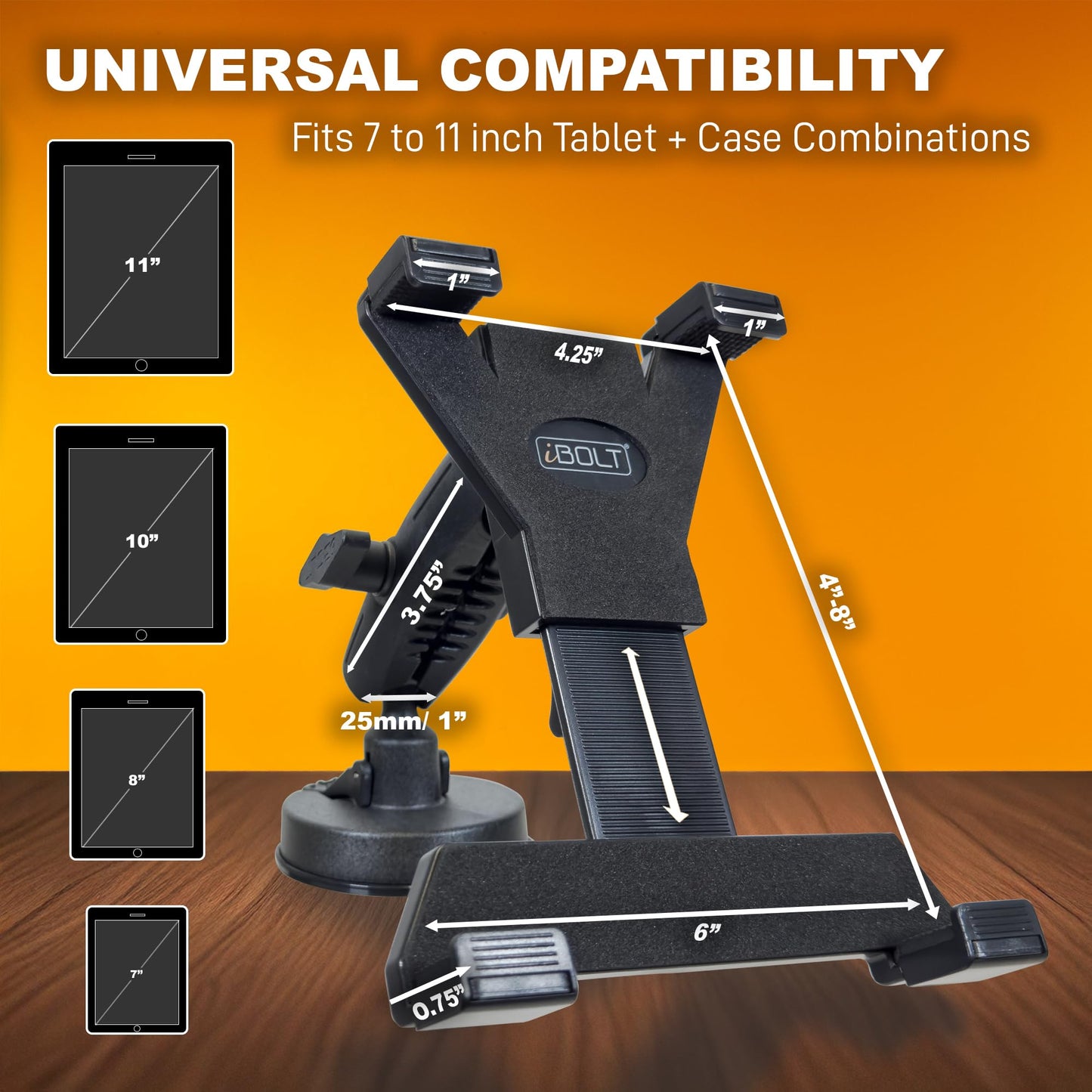 iBOLT TabDock BizMount Heavy Duty Tablet Mount with Suction Cup Base - Universal 7"-10" Holder for Trucks, Vans, SUVs, Aviation & Work Vehicles