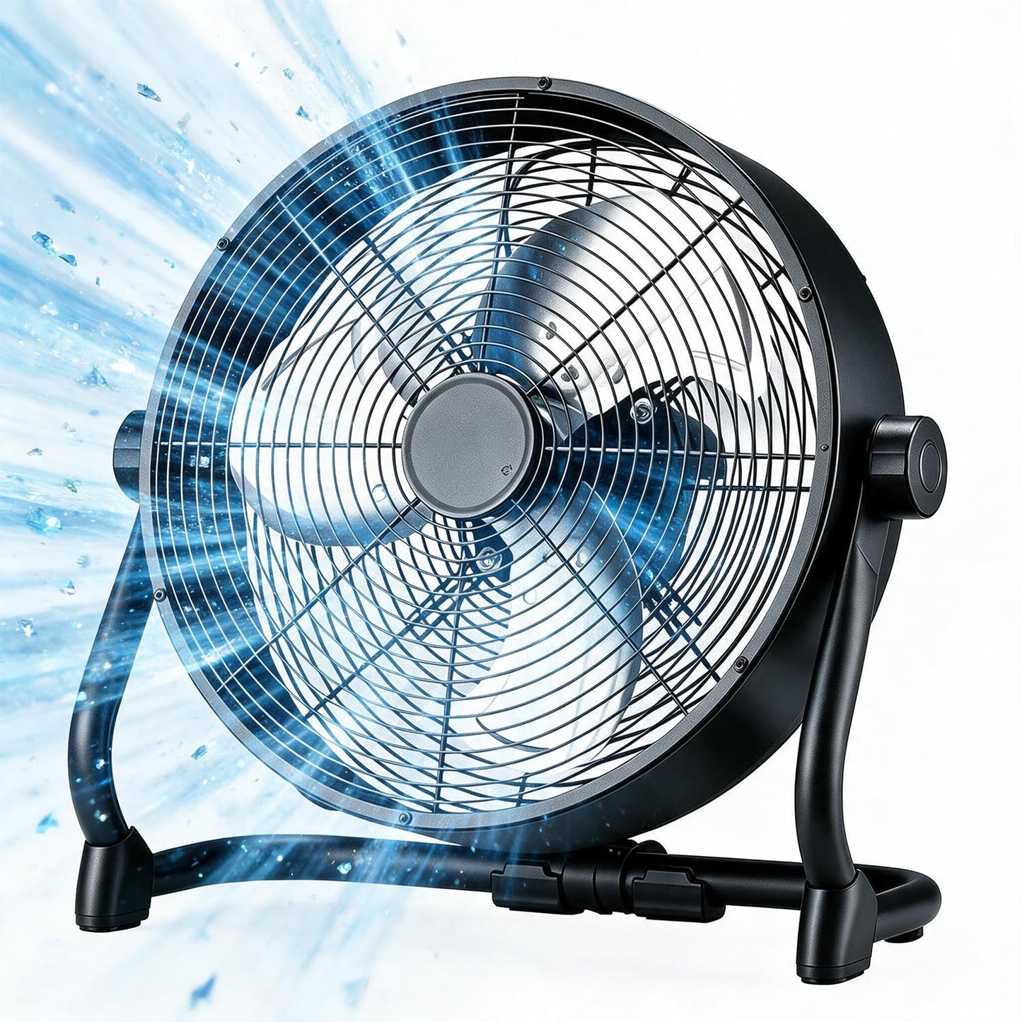 VortLab 18 Inch High Velocity Industrial Floor Fan, Stepless Variable Speed Metal Shop Fan, Multi-Angle Tilt, Dual Power Corded & Battery Operated