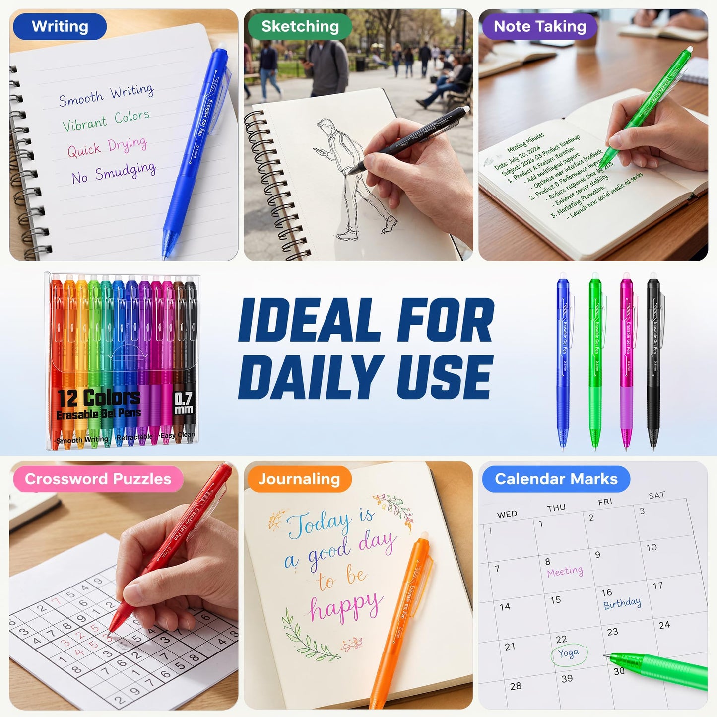 sunacme Erasable Gel Pens, Retractable Erasable Gel Pen Clicker Fine Point 0.7 mm, Smooth Ink for Completing Sudoku and Crossword Puzzles(8 Black/4