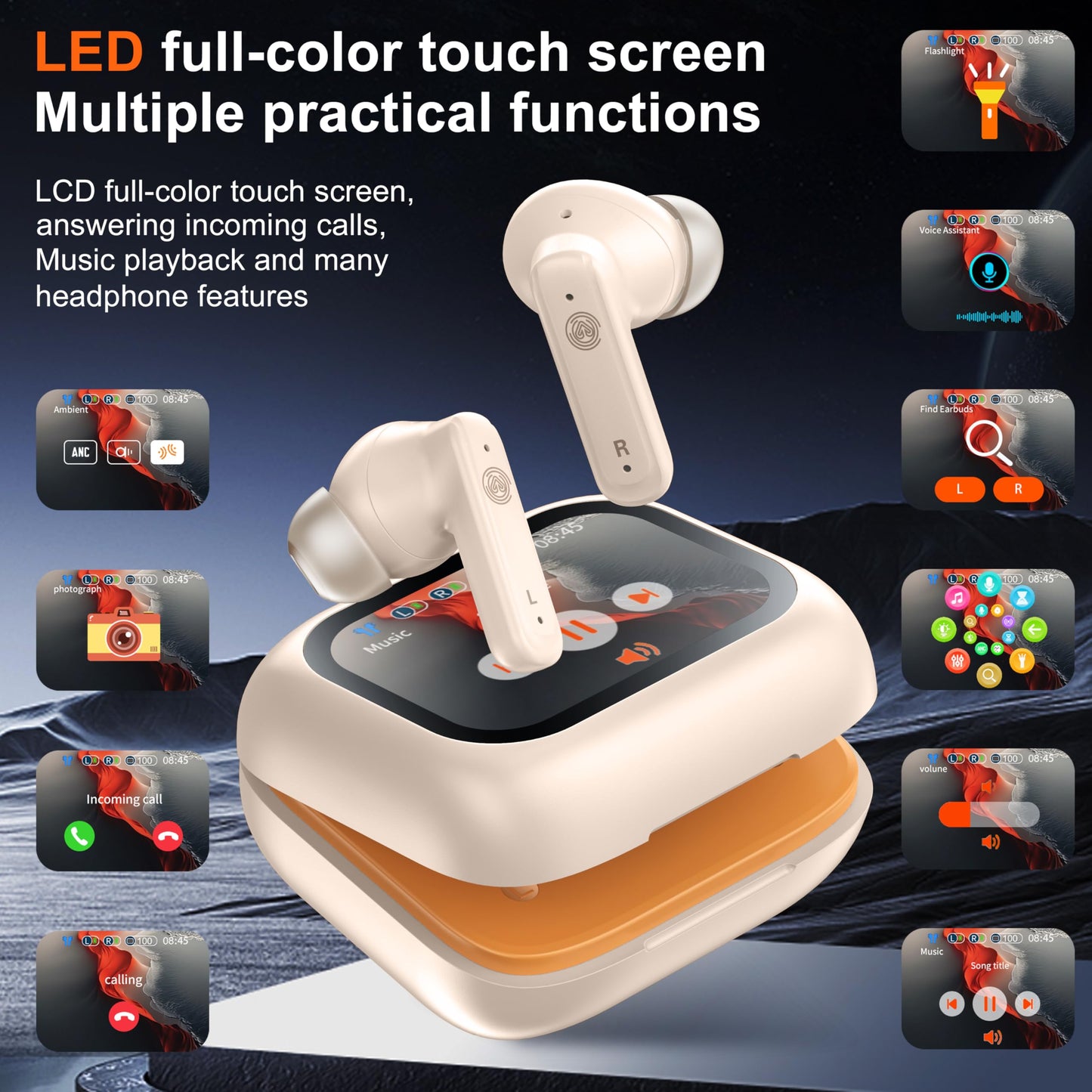 THREE PEACHES Wireless Earbuds Bluetooth 5.4 Headphones, Touch Screen, Active Noise Cancelling, USB Charging Case for iPhone/Android