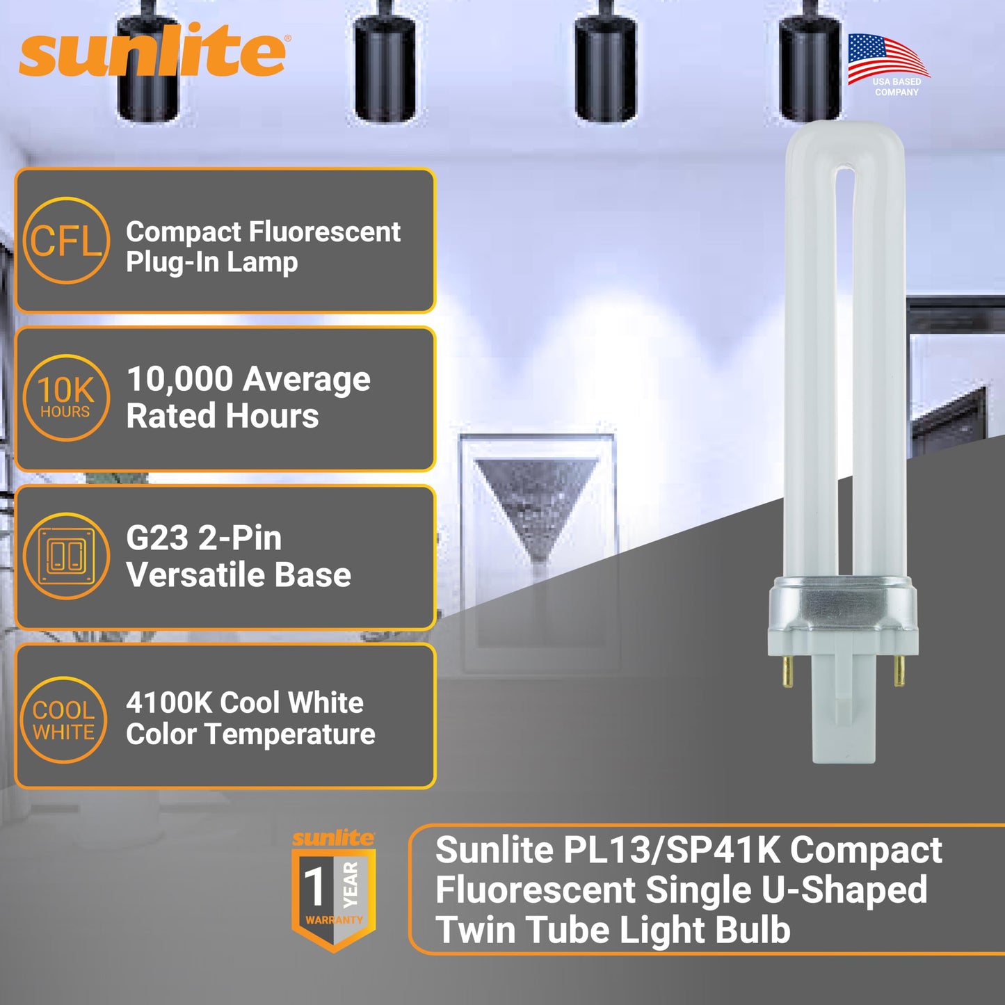 Sunlite PL13/SP41K Compact Fluorescent Single U-Shaped Twin Tube Light Bulb, 13 Watts, 120 Volts, 720 Lumens, 2-Pin GX23 Base, 4100K Cool White, 10