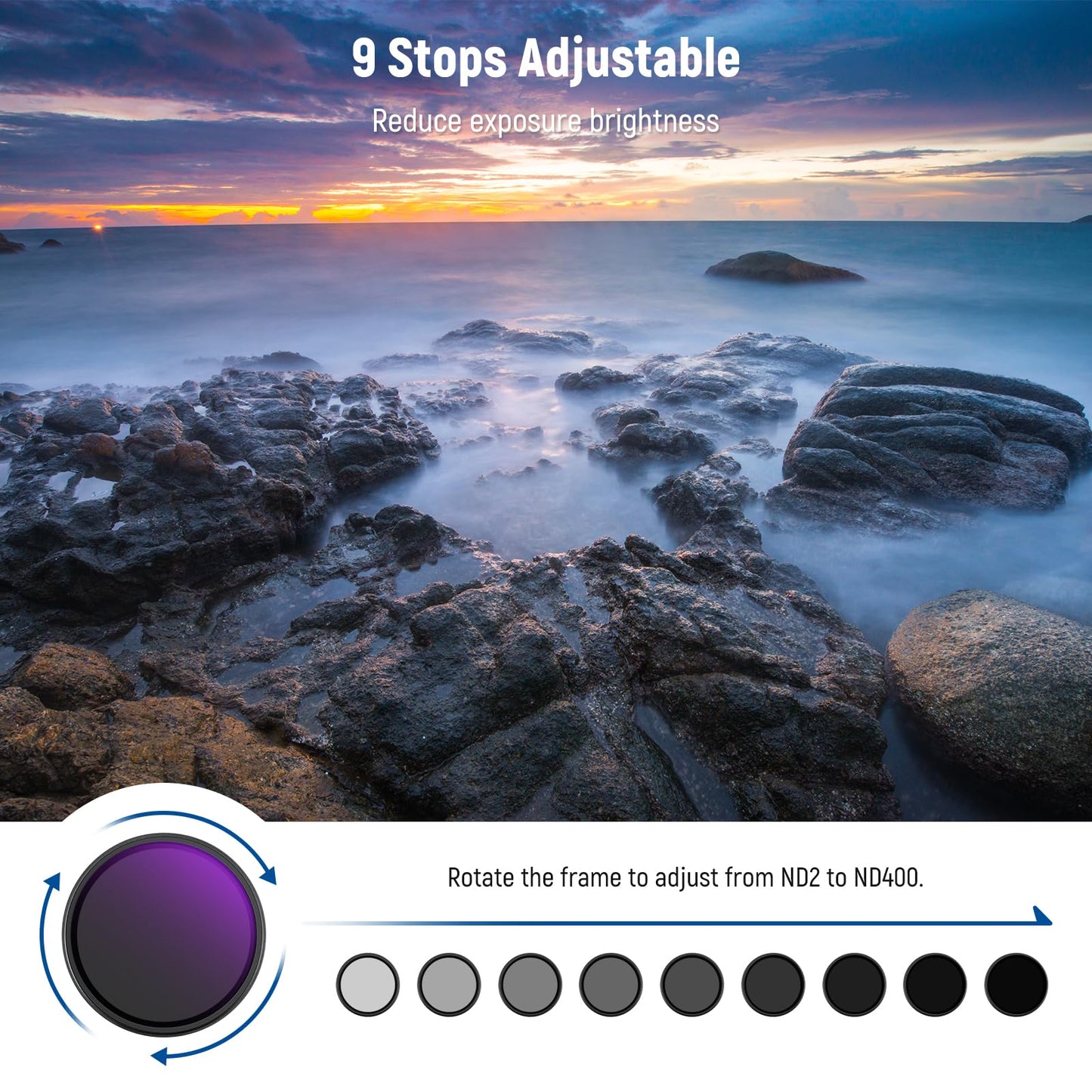 NEEWER 58mm Variable ND Filter ND2-400 (1-9 Stops) with 3X Cleaning Cloth, Adjustable Rotating Variable Neutral Density Camera Lens Filter