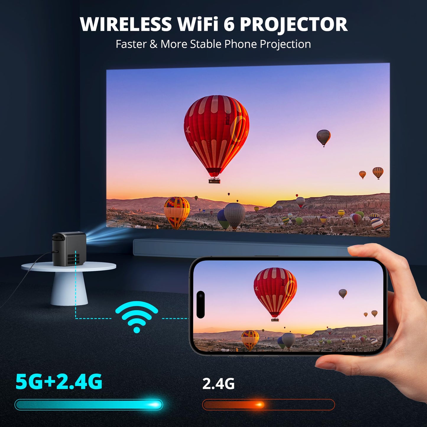 Wireless Mini Projector with WiFi and Bluetooth 5G, Portable Projector Support 4K Movie Video Projection, Electric Focus 350ANSI Phone Projector Home