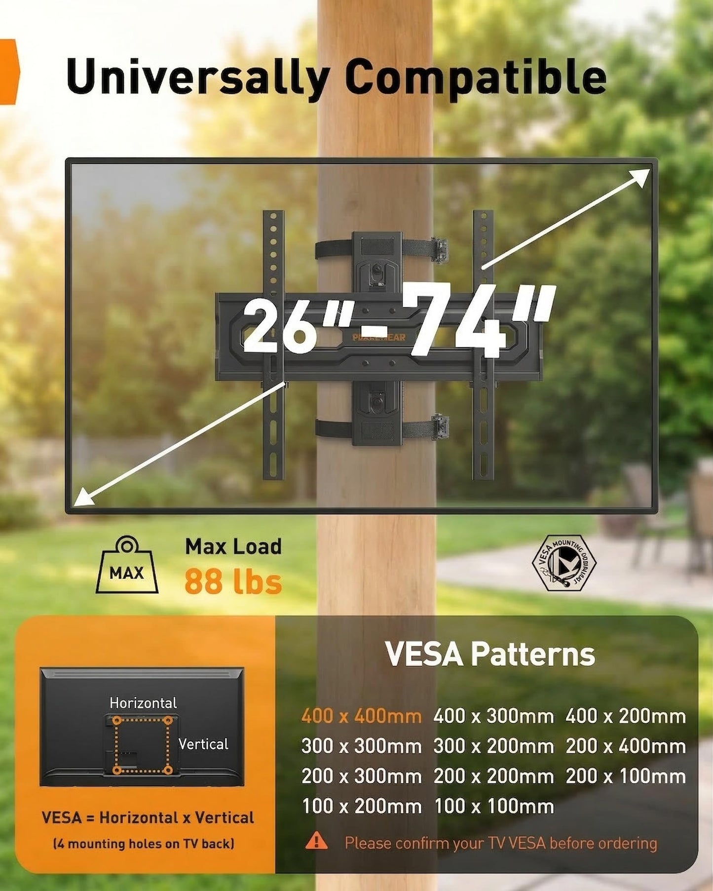 Perlegear Gazebo TV Mount for Most 26"-74" TVs, No Drill Pillar TV Mount for Round & Square Columns, Full Motion TV Post Mount for Gazebo, Pole, Patio