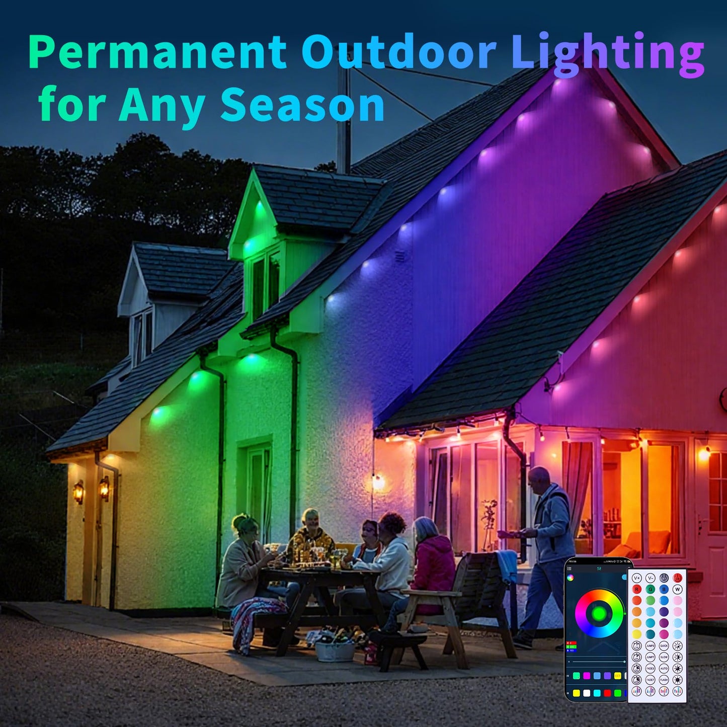 GIOIGOO 100ft Dynamic Smart RGB LED Permanent String Lights App Remote Color Sync Waterproof Outside House Lights Outdoor Transform Backyard Parties