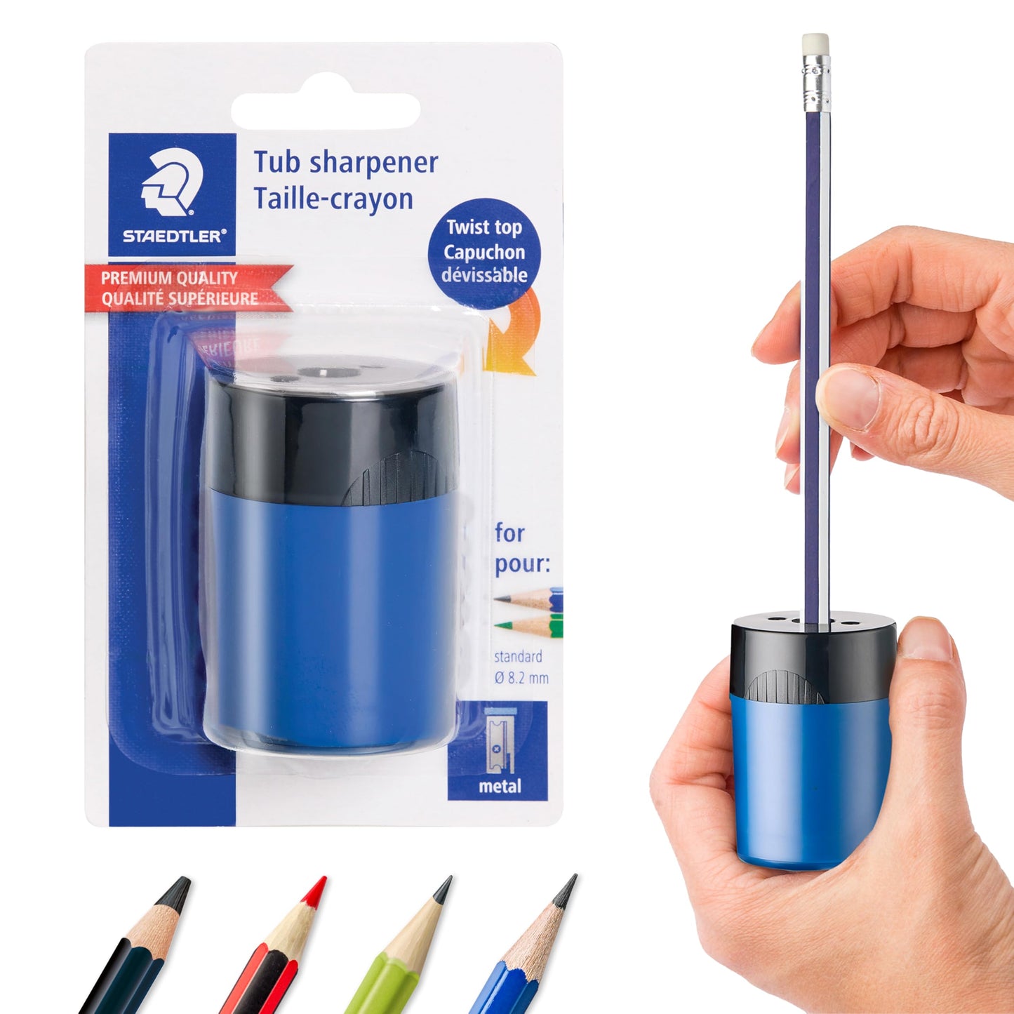 STAEDTLER pencil sharpener, premium quality sharpener with screw-on lid, prevents accidental openings, compact size for pencil case and work-station
