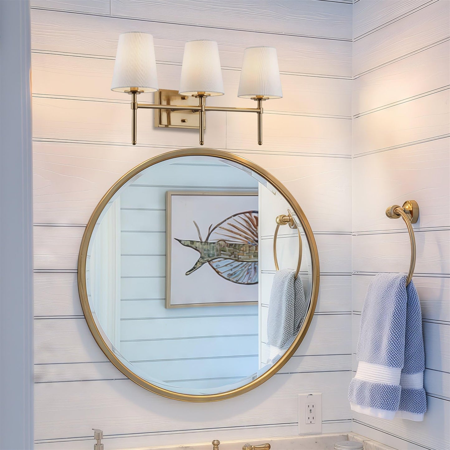 Kira Home Torche 23" 3-Light Modern Gold Bathroom Vanity Light, Gold Wall Sconce with White Fabric Cone Shades, Cool Brass Finish