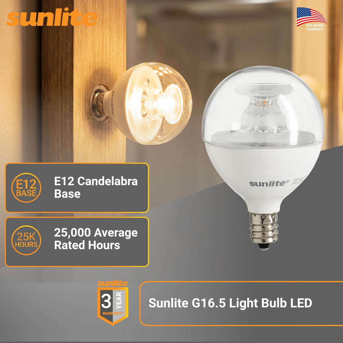 Sunlite G16.5 Light Bulb LED, 5 Watts (40W Equiv.), 350 Lumens, Dimmable, Type G Globe Shape E12 Candelabra Base, Short Bulbs, Vanity Mirror Bulbs