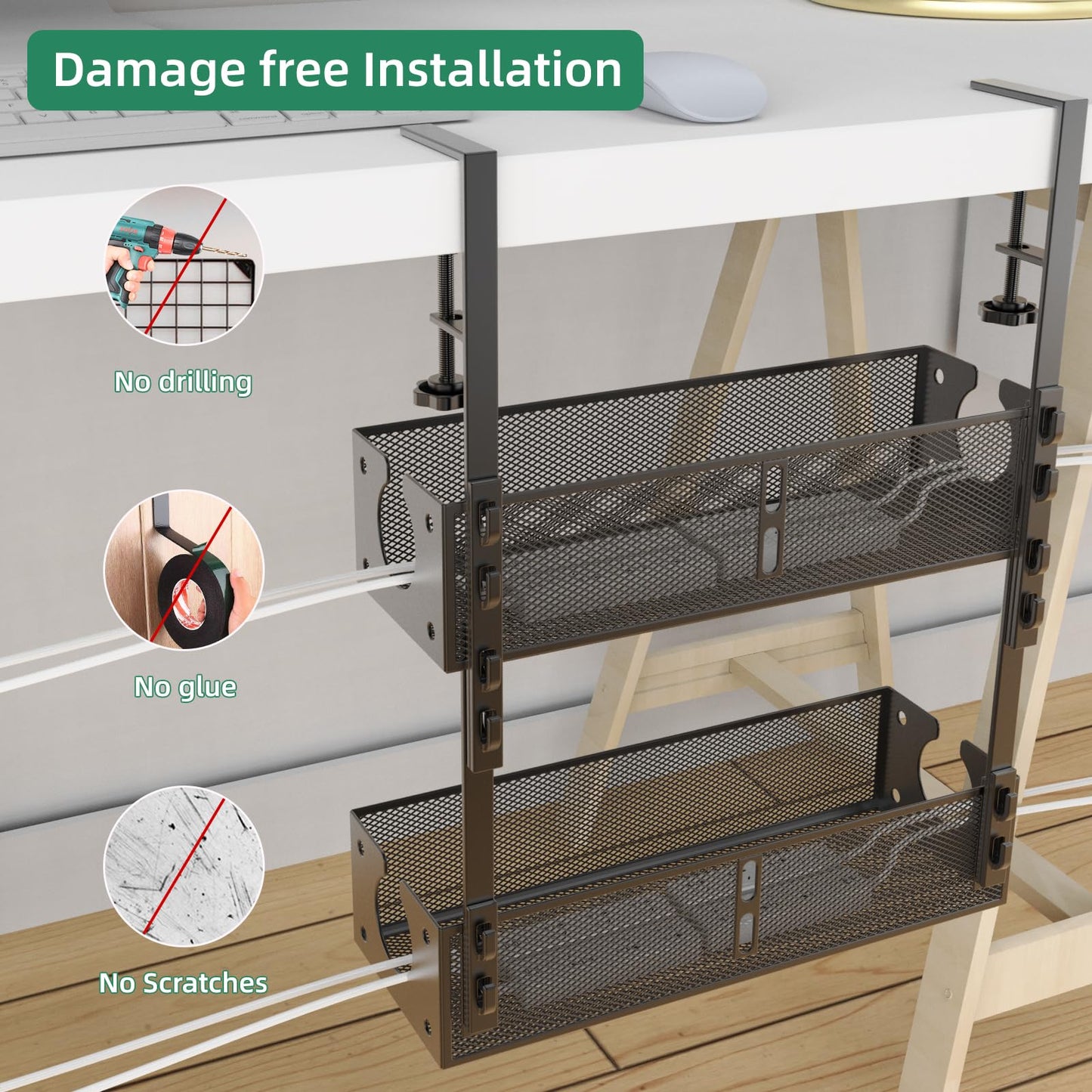 Multi-Model Under Desk Cable Management Tray 2 Packs Metal Under Desk Wire Management Clamp Mount Under Table Cord Management No Damage The Desk