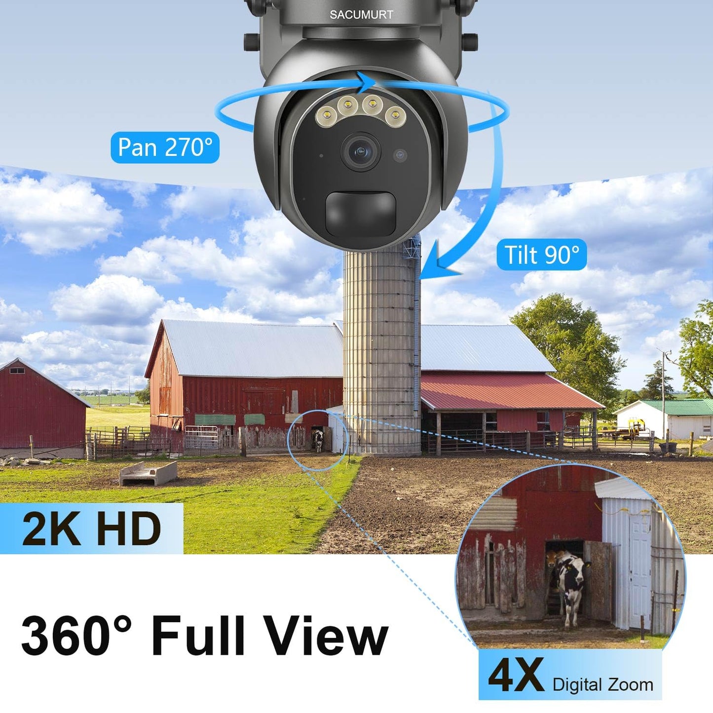 SACUMURT No WiFi Security Cameras Wireless Outdoor, Solar Camera Outdoor Wireless, 2K HD Video Cameras, Human Motion Sensor, 360 PTZ, Color Night
