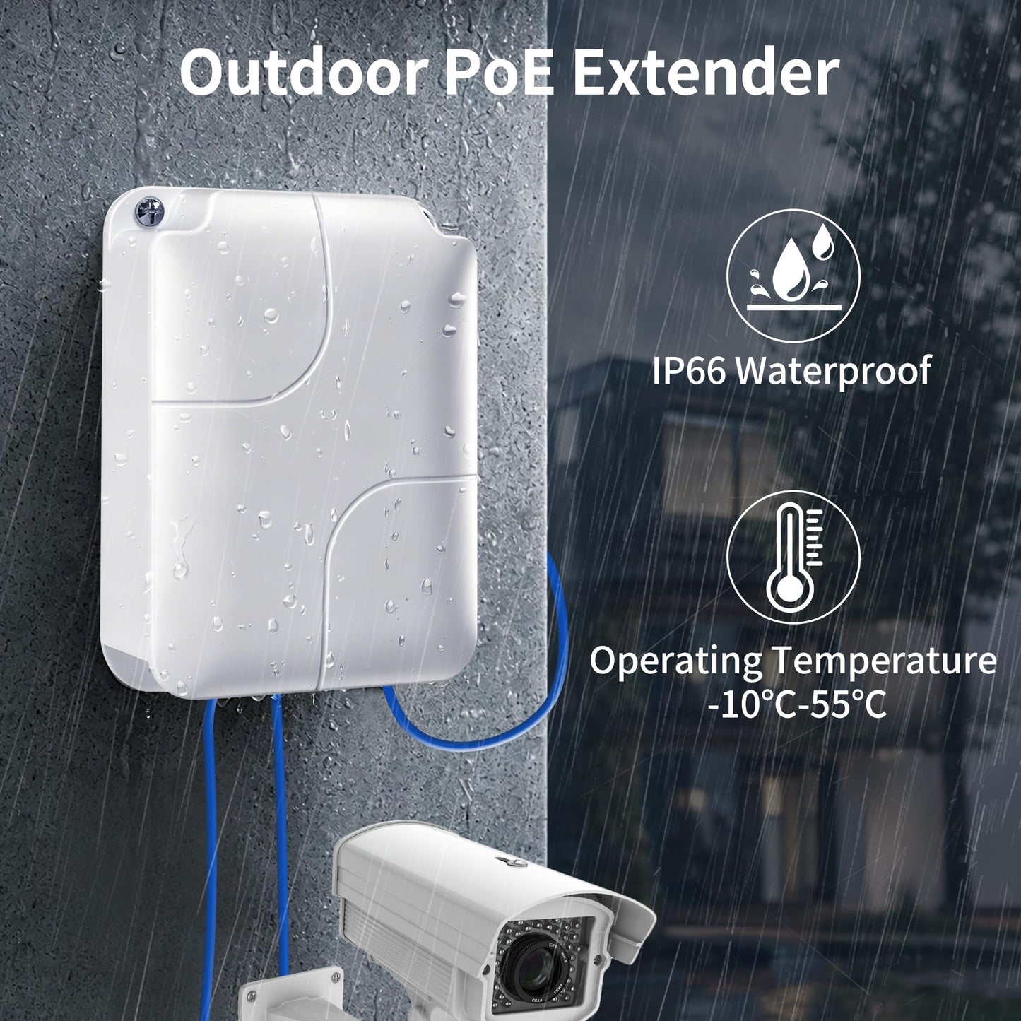 5 Port Outdoor 10/100Mbps PoE Extender, IEEE802.3af/at PoE+ Repeater, Extend Up to 100M(328Ft), IP66 Waterproof with VLAN Function, Plug and Play Wall