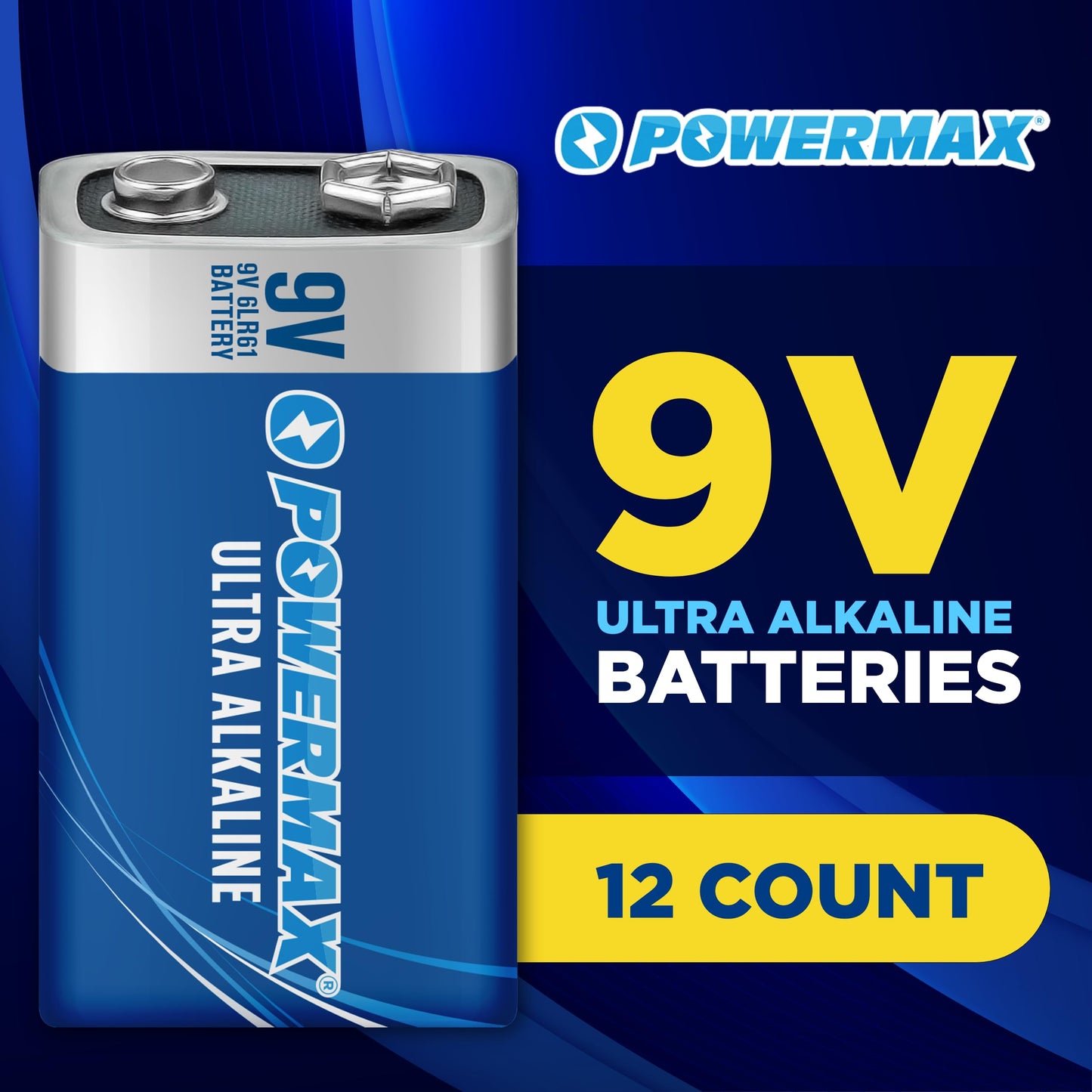 Powermax 12-Count 9V Batteries, Ultra Long Lasting Alkaline Battery for Home and Office, 7-Year Shelf Life, Reclosable Packaging