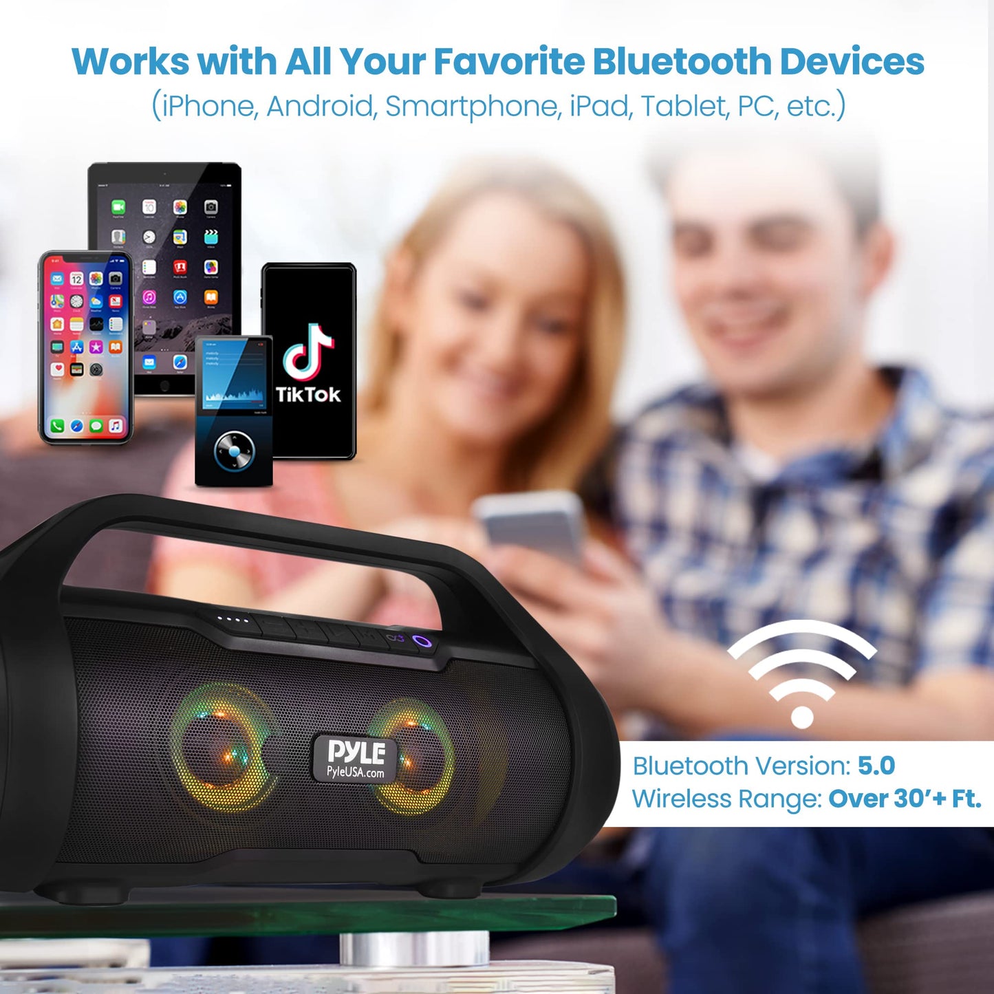 Pyle Portable Bluetooth Boombox Speaker - 40W Max Power, 2.0 Channel Rechargeable Barrel Style Speaker with TWS, LED Lights - AUX In, USB-C, MicroSD