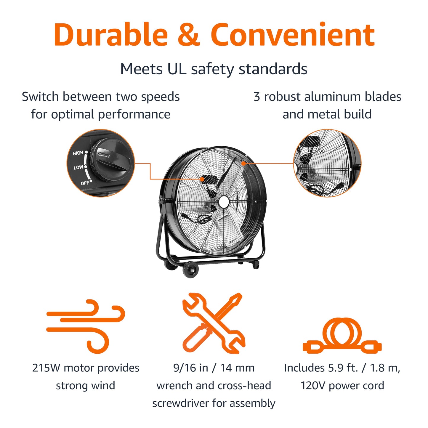 Amazon Basics 24" 215W High-Velocity, Heavy-Duty Industrial Fan, Drum Fan, with UL-Certified Safety Compliance, 2 Speeds, Up to 8820 CFM, 5.9-ft Power