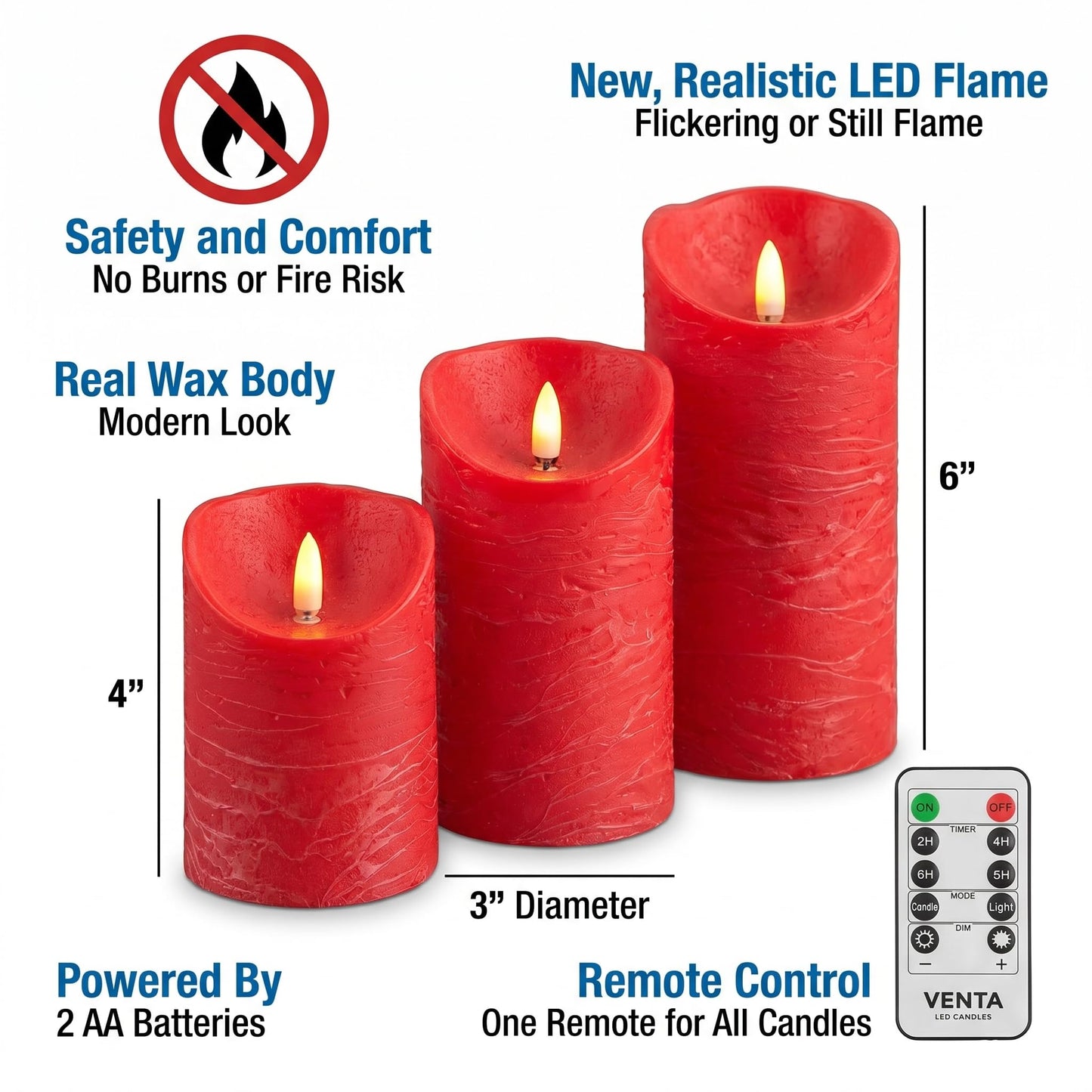 VENTA Flickering Flameless Candles with Remote Control - Led Candles Battery Operated - Battery Operated Candle for Decoration Table, Timer & Dimmer