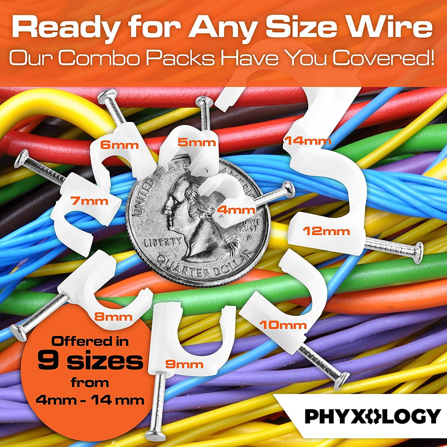 Pro-Grade, Cable Clips with Steel Nails 6mm, 8mm, 10mm, 12mm Size Wire Holders and Tacks 100 Each. Durable, UV Resistant Easy Install Plastic Clips