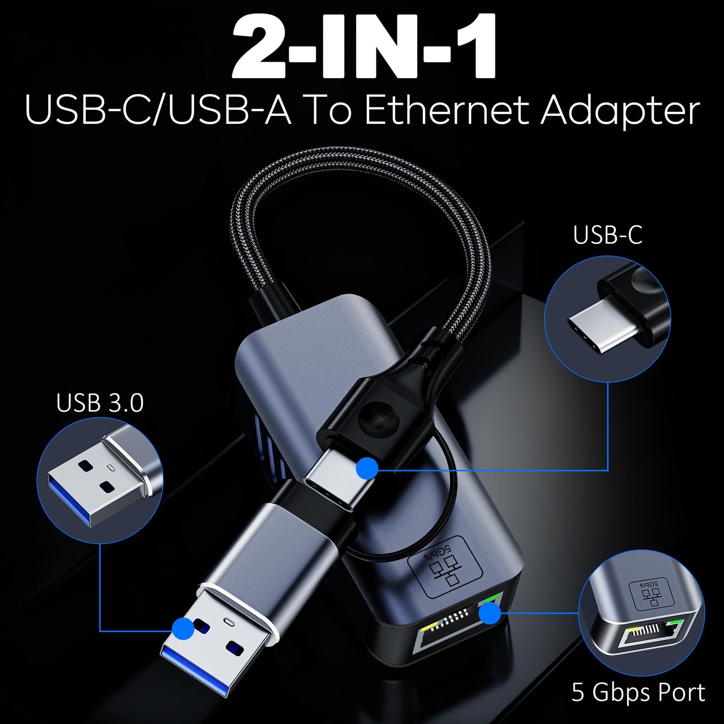 USB C to Ethernet Adapter 5 Gbps, USB-A & USB-C to RJ45 LAN 5000 Mbps Wired Network Converter, USB to Ethernet Adapter Compatible with Thunderbolt