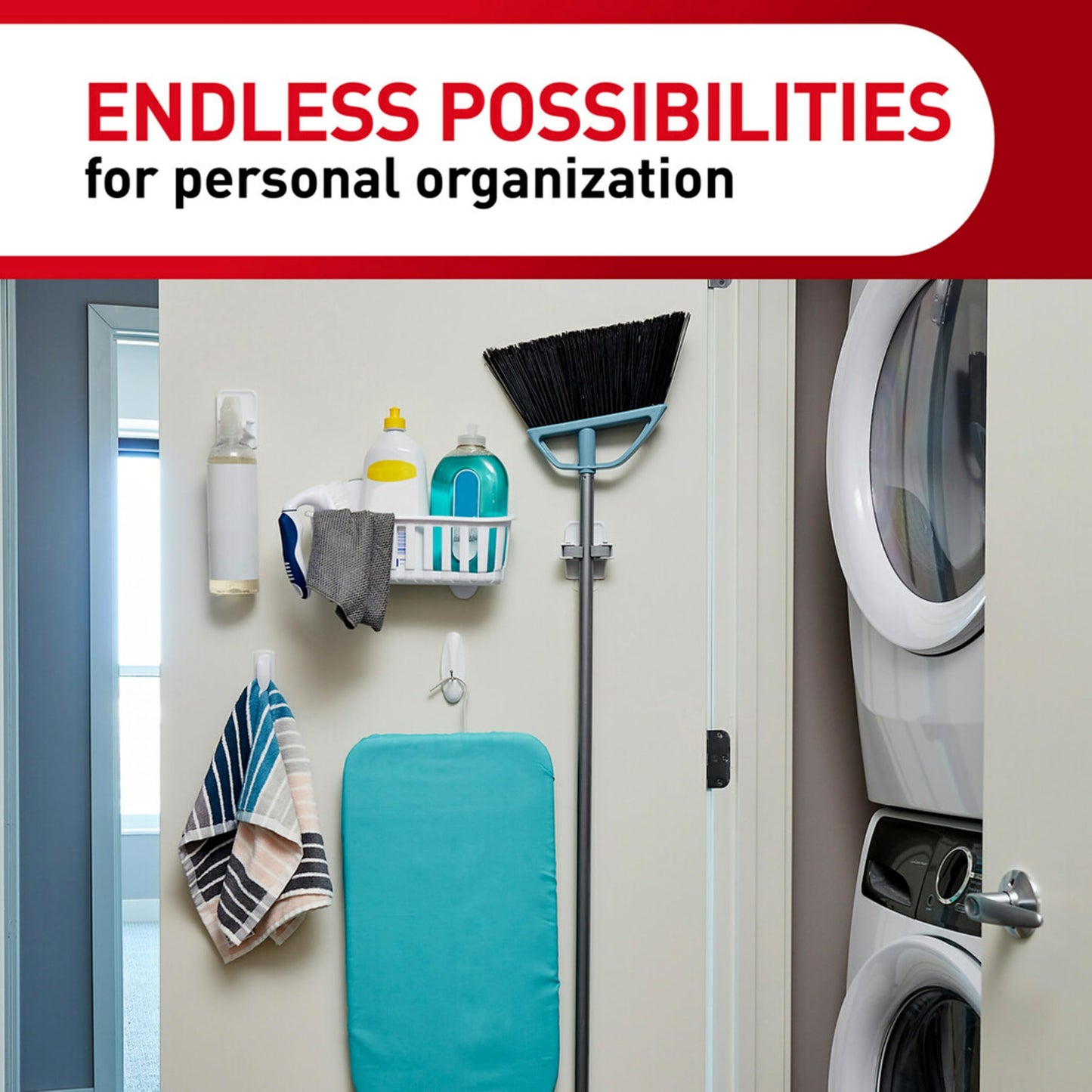 Command Broom & Mop Grippers, 2 Hangers with 4 Strips, Damage-Free Wall Mount Holder for Cleaning Tools, Organizing & Storage, Holds up to 4lb