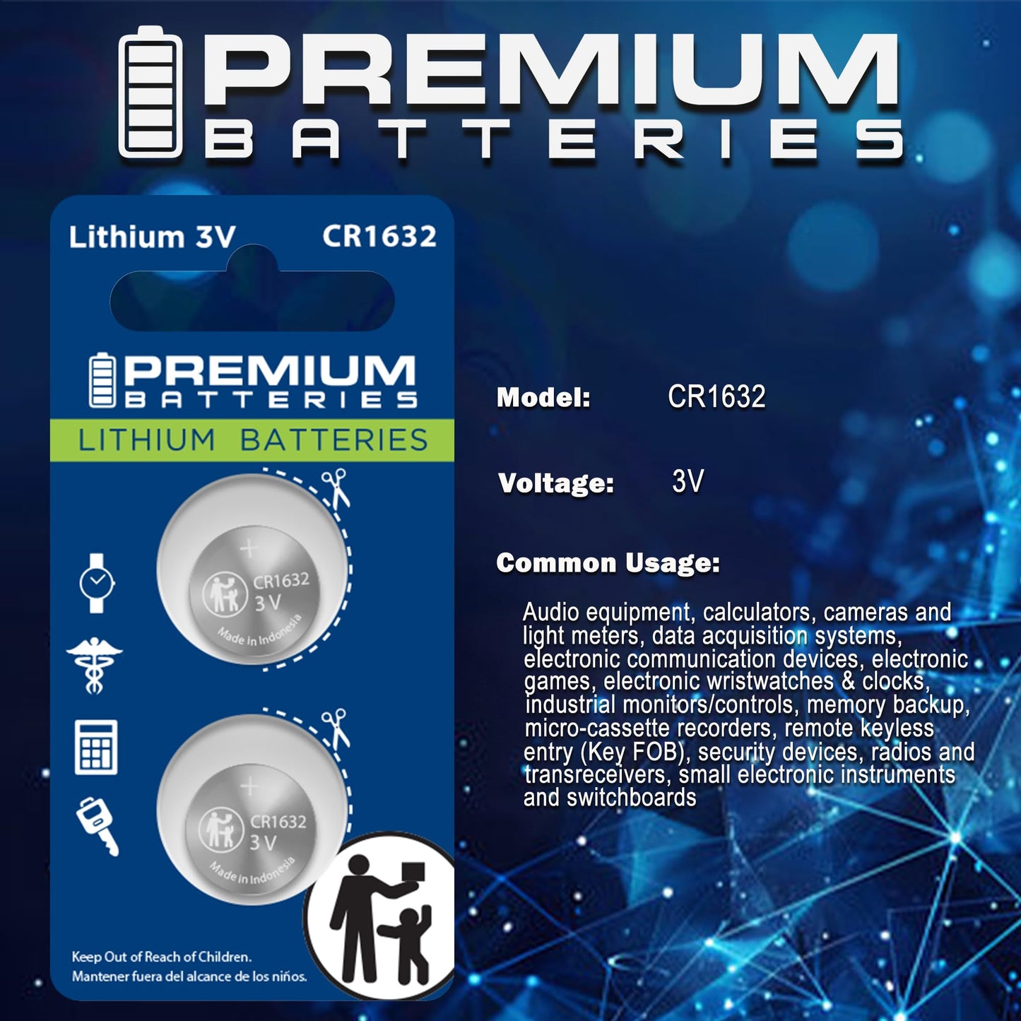 Premium Batteries CR1632 Battery 3V Lithium Coin Cell Child Safe (6 Pack)