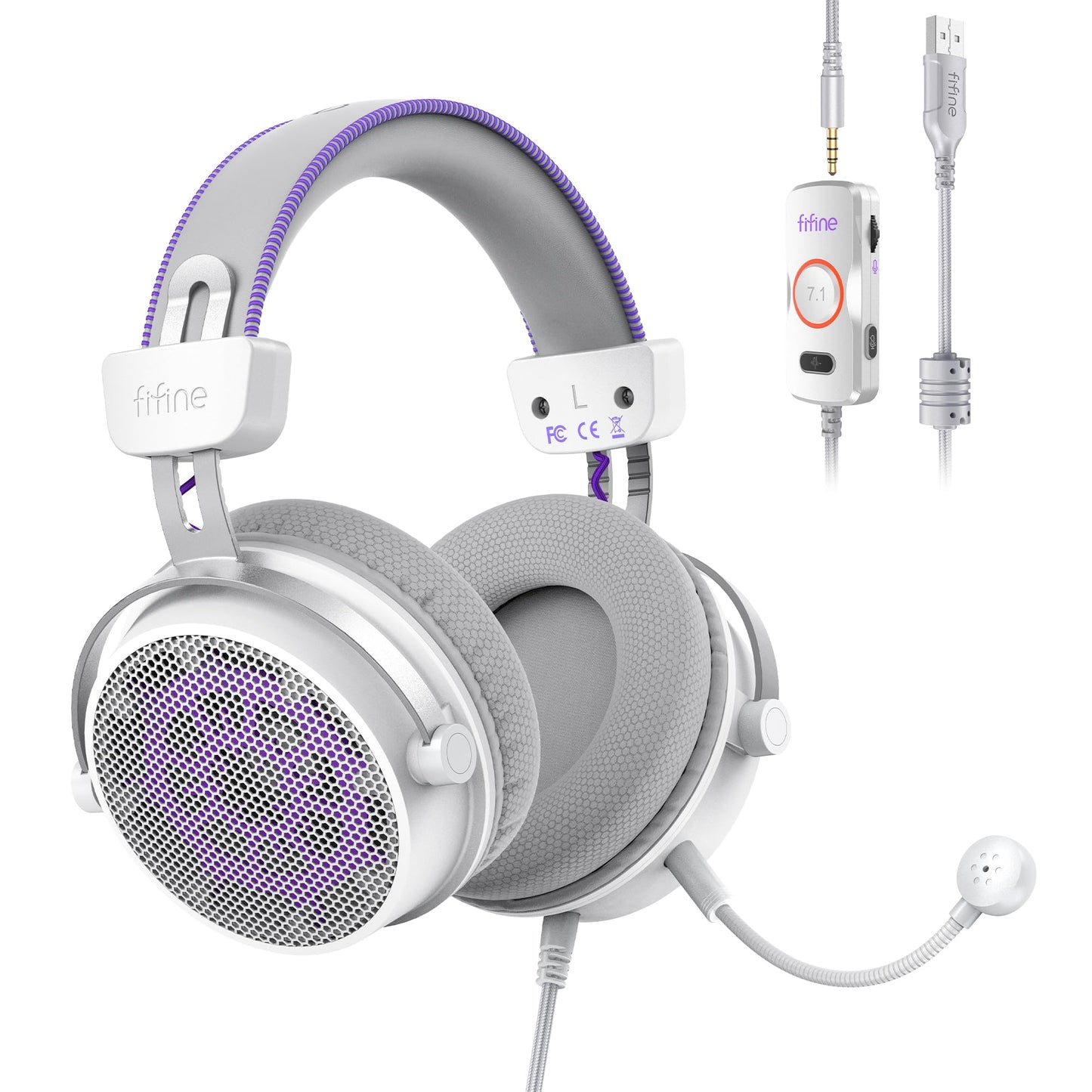 FIFINE Open Back Gaming Headset with 7.1 Surround Sound - Dual Wired USB/3.5mm Connection - USB Control Box - Detachable Mic, Over Ear Headphone