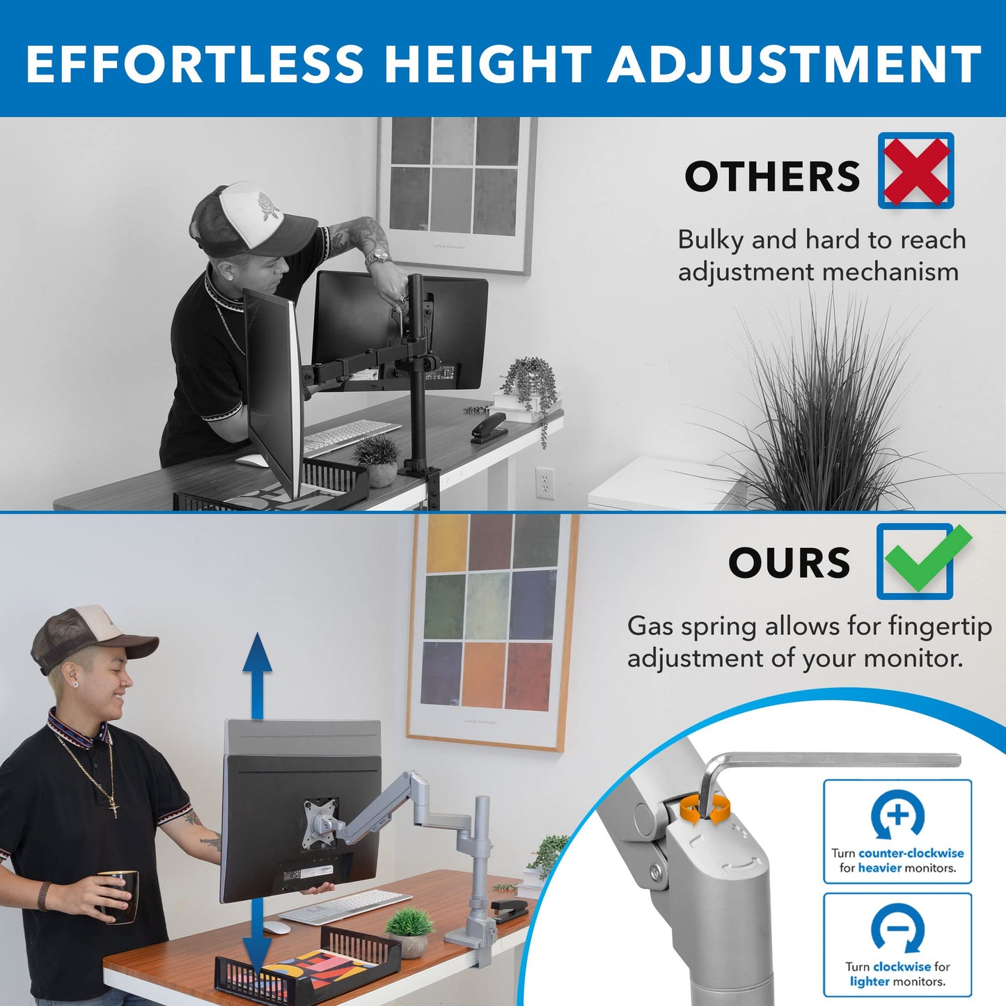 Mount-It! Single Monitor Desk Mount - Pole Mounted Gas Spring Arm, Full Motion Height Adjustable Monitor Stand with C-Clamp or Grommet Base, Fits