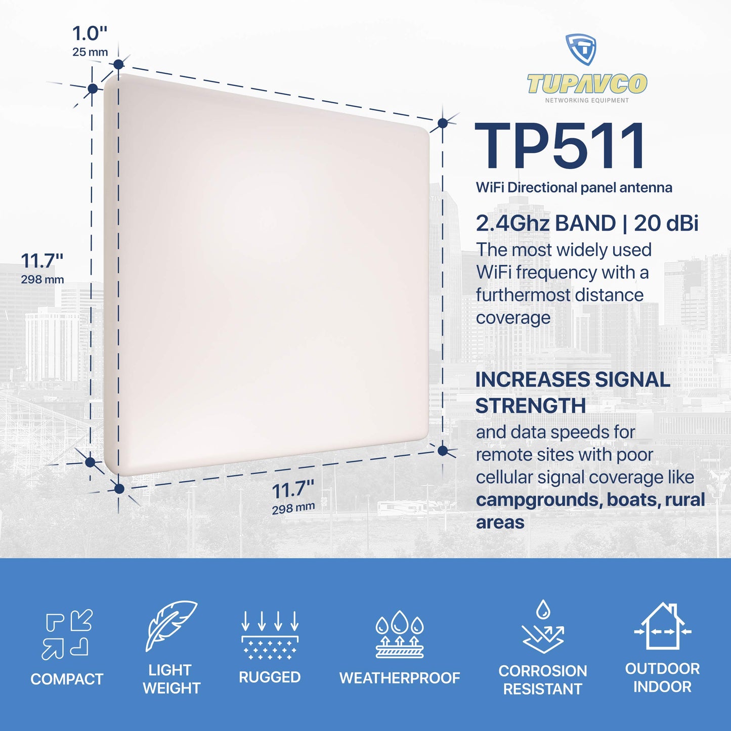 Tupavco TP511 WiFi Panel Antenna 2.4GHz (20dBi) Outdoor Directional (2400-2483 MHz) Wireless Network Signal (Pole Mast Mount) Weatherproof High-Gain