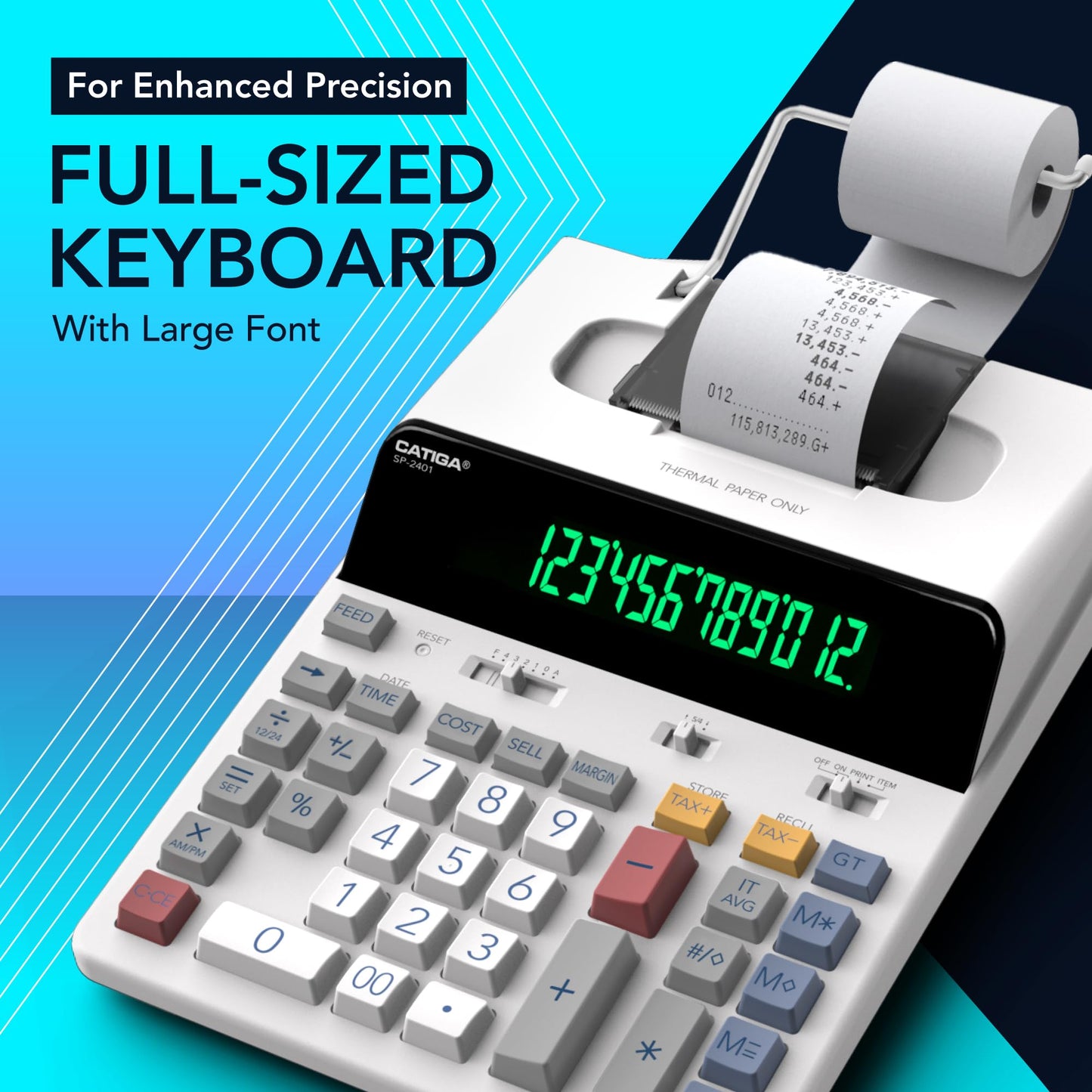CATIGA 12 Digit Thermal Printing Calculator with Tape Print Out, Ink-Free Adding Machine, 3X Faster Quite at 8.0 LPS, Extra Large Fluorescent Display