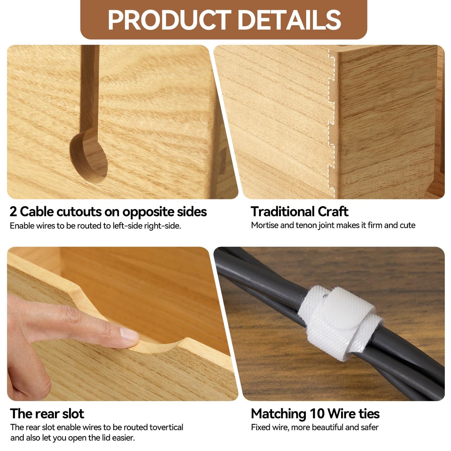 KIRIGEN Cable Management Box Wooden Cord Organizer Hide Power Strip Desk Wires Protector for Home Office TV Computer (DXH2T-NA)