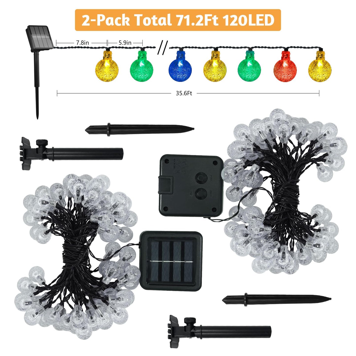 Selarlyt 2 Pack 120 LED Solar String Lights Outdoor Waterproof, 72 FT Crystal Globe Lights with 8 Lighting Modes, Solar Powered Light Outdoor