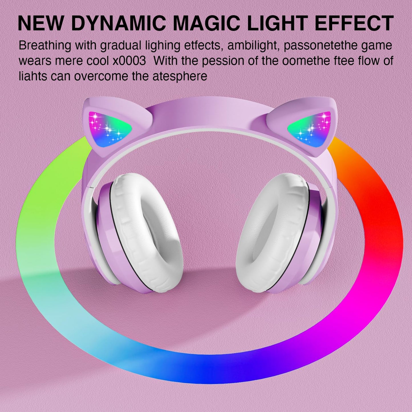 KERHAND Bluetooth Noise Cancelling Headphones for Kids,Foldable Cat Headphone with LED Light Up Ear,Cat Ear Headphones for Toddler with Microphone/TF