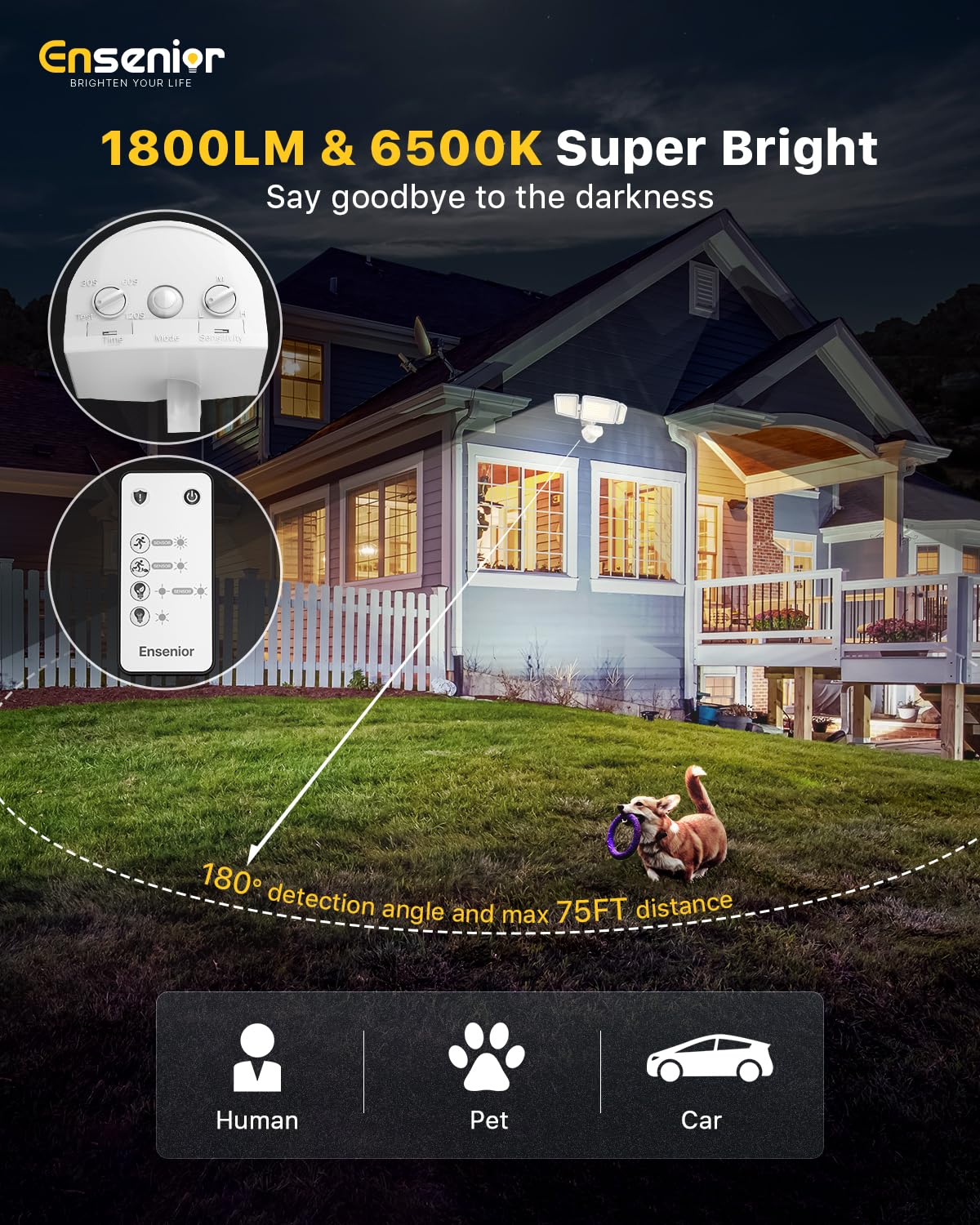 Ensenior 5 Motion Sensor Modes Solar Security Light, 1800LM 270° Wide Angle 3 Heads LED Flood Lights, IP65 Waterproof Wall Lights, Separate Solar