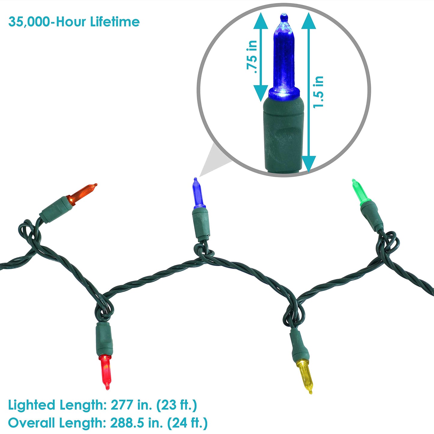 Sunnydaze 70-LED Outdoor Christmas Lights - Indoor or Outdoor String Lights - 23-Foot Lighted Length - M6 Smooth Style Bulbs - Multi