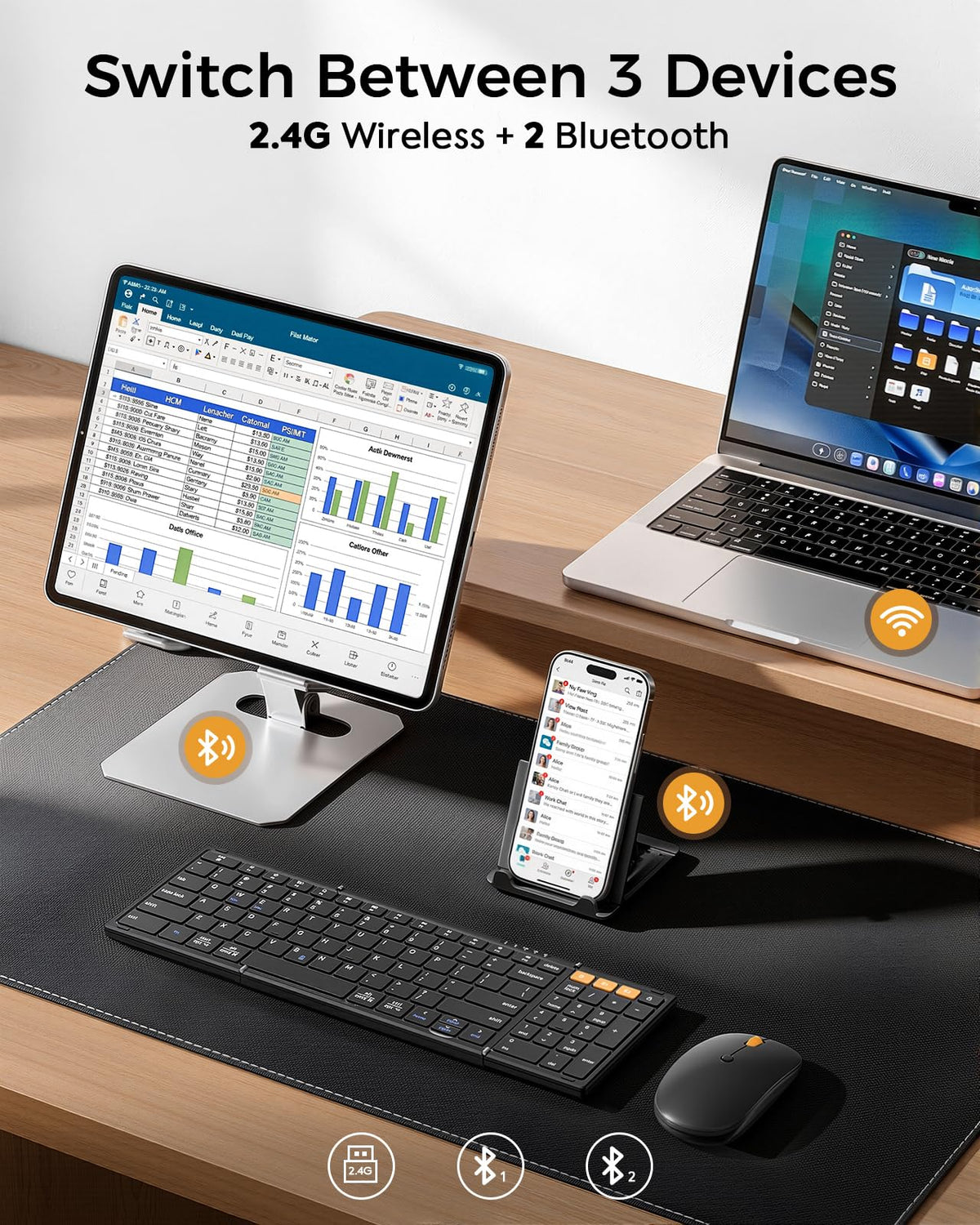 Foldable Keyboard and Mouse with Storage Bag, 2.4G+BT5.0 x 2 for Laptop